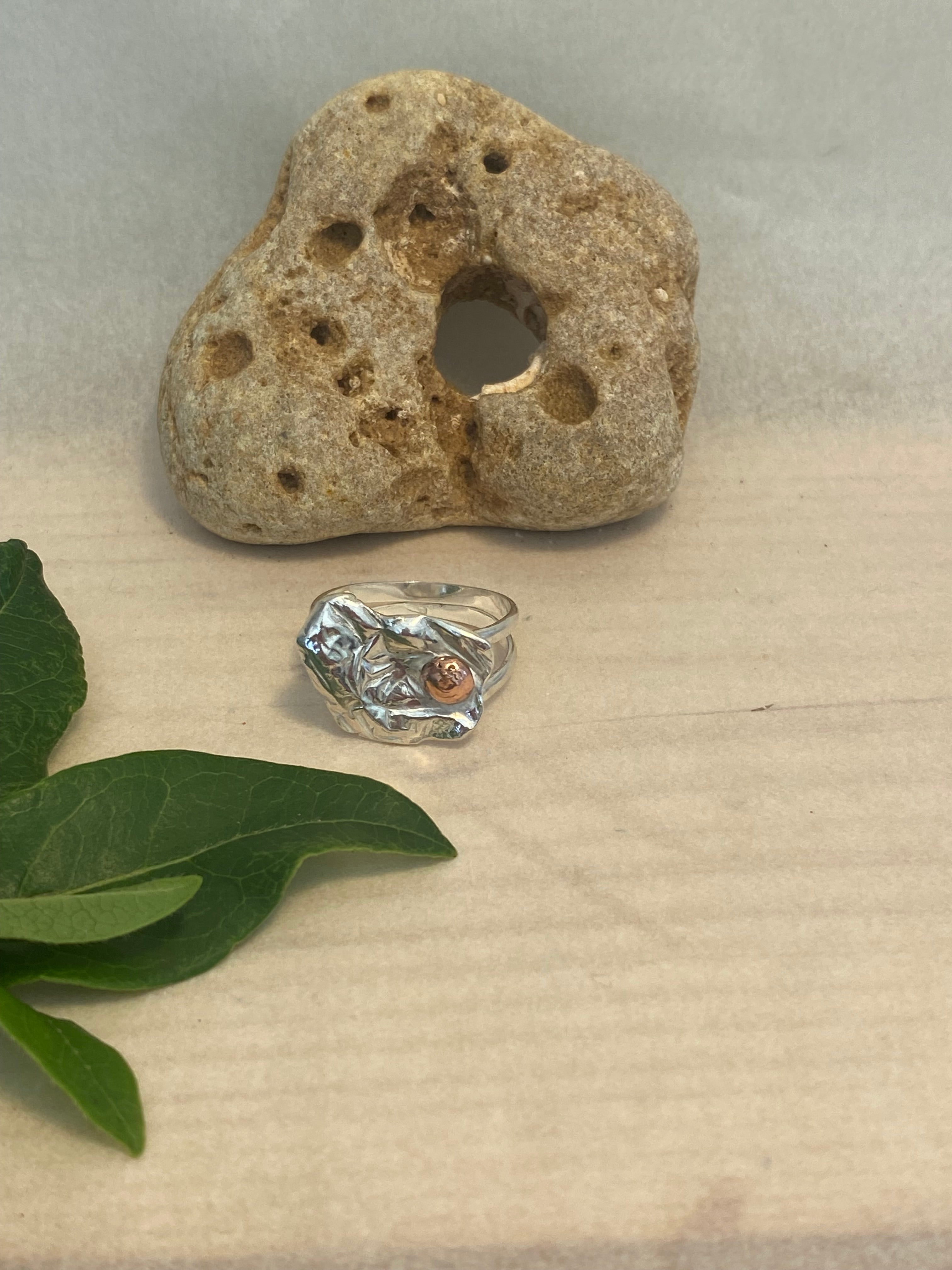 Molten Silver & Copper Pebble Double Band Ring