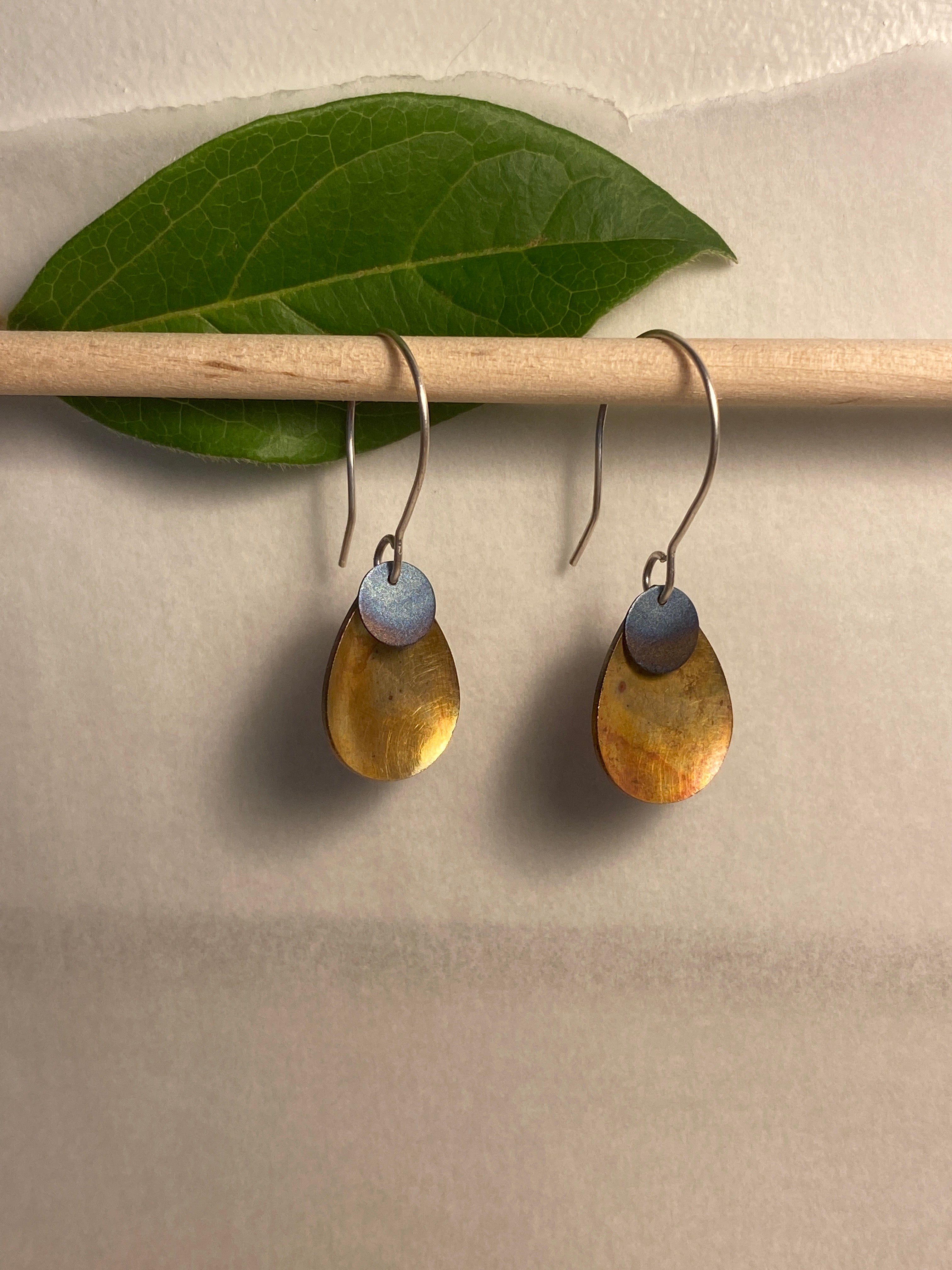Flame painted copper and titanium earrings with silver wire