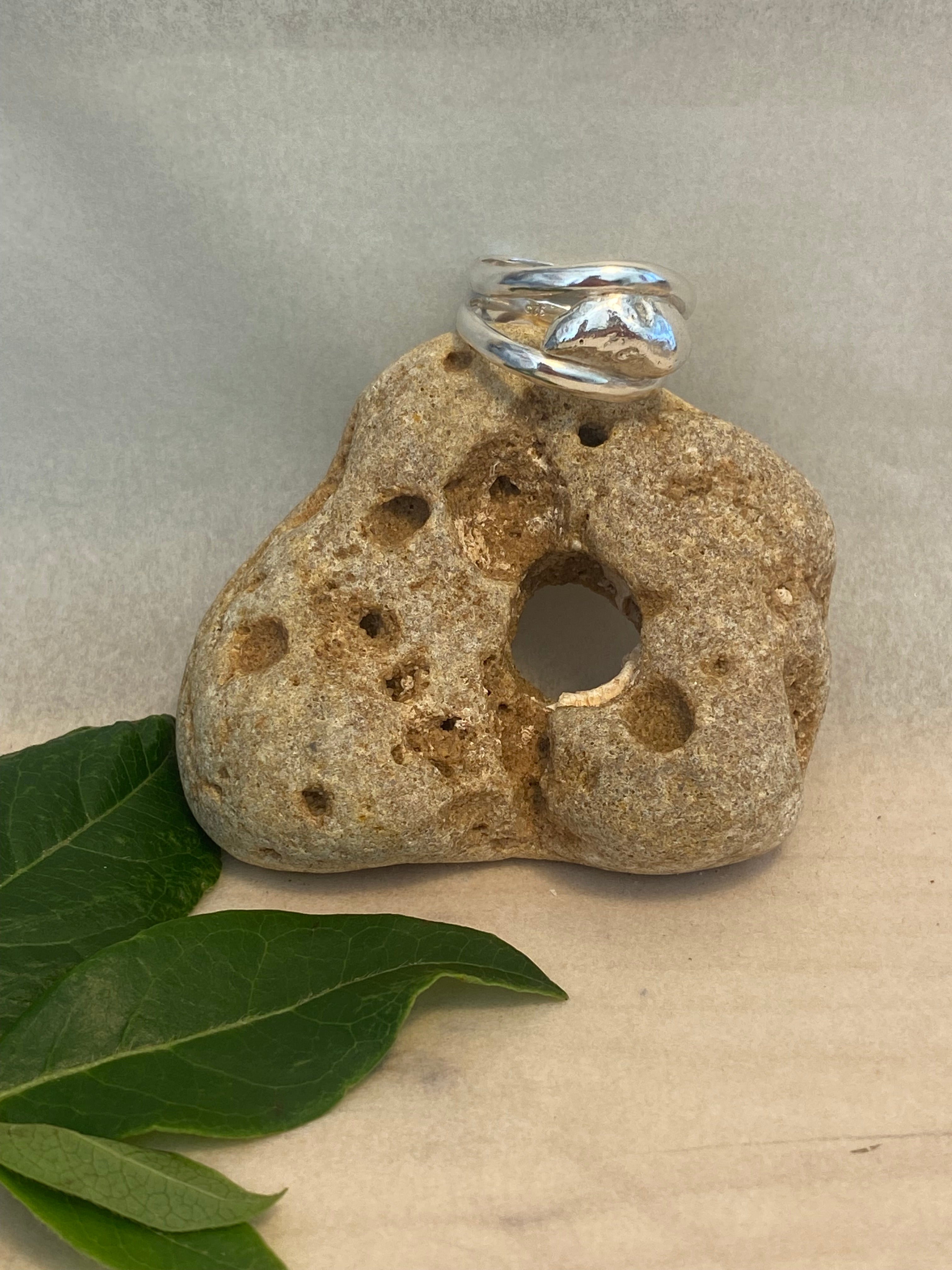 Double Band Silver Ring with Molten Pebble Detail