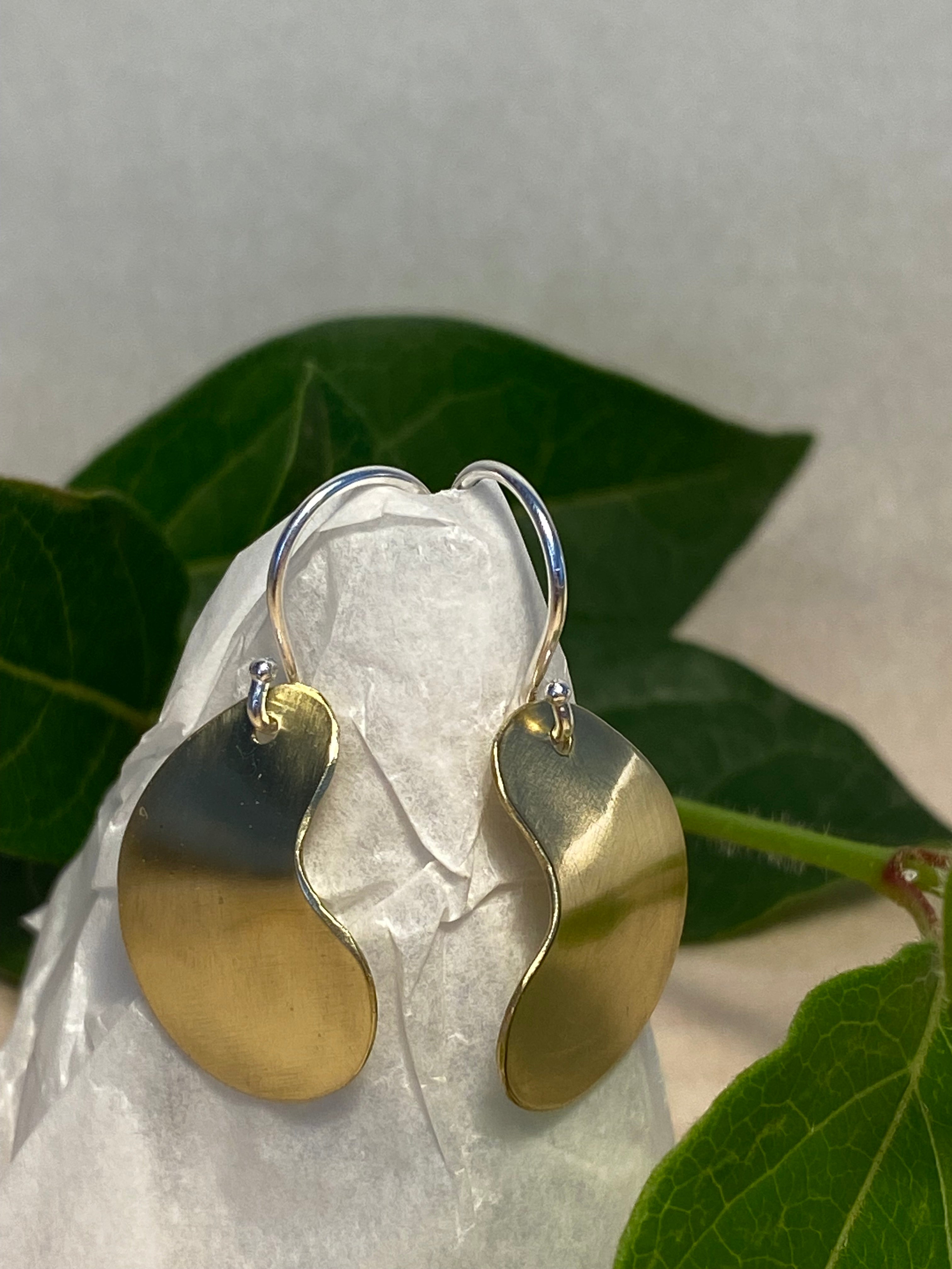 Polished brass earrings with sterling silver loops