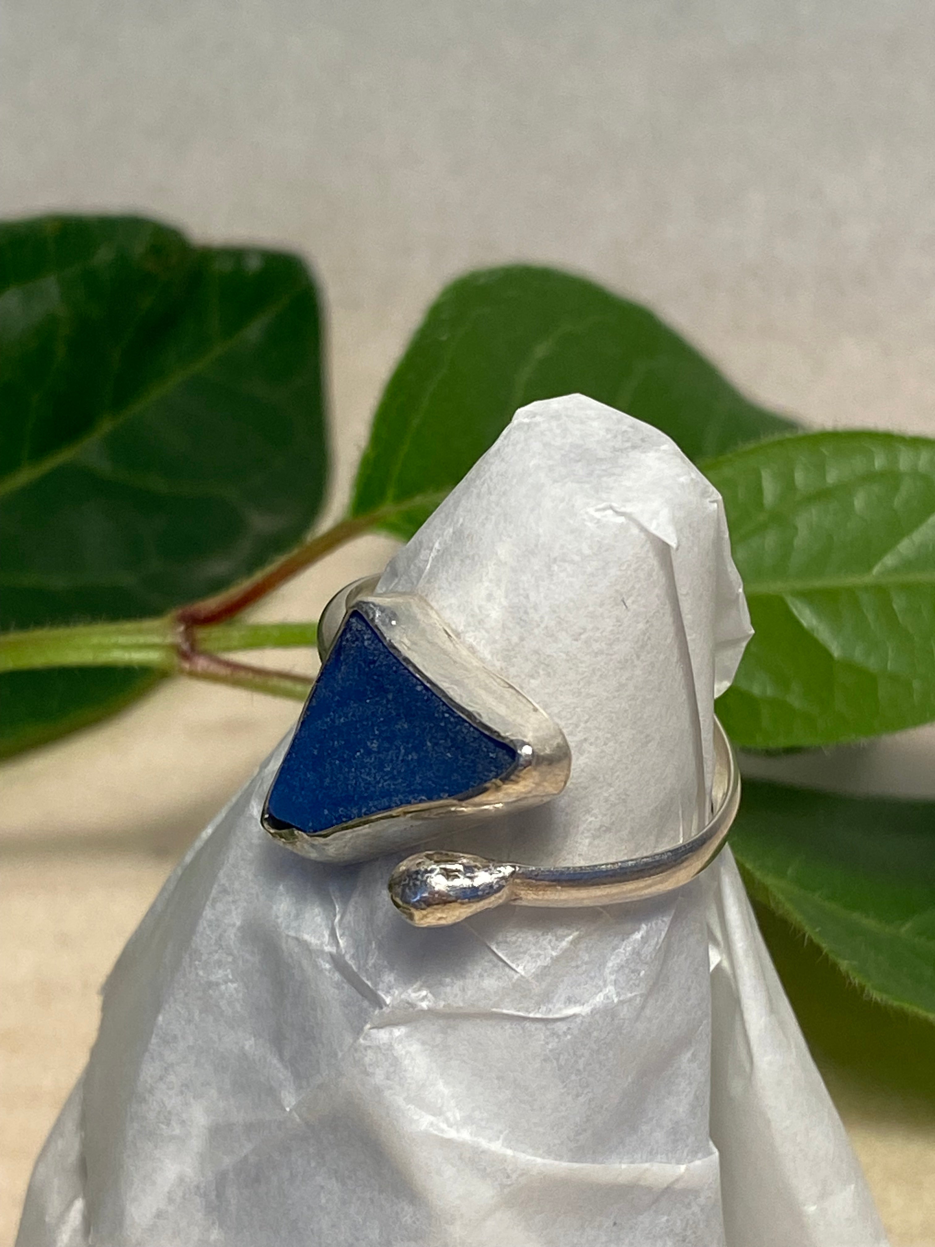 Blue sea glass and sterling silver adjustable ring