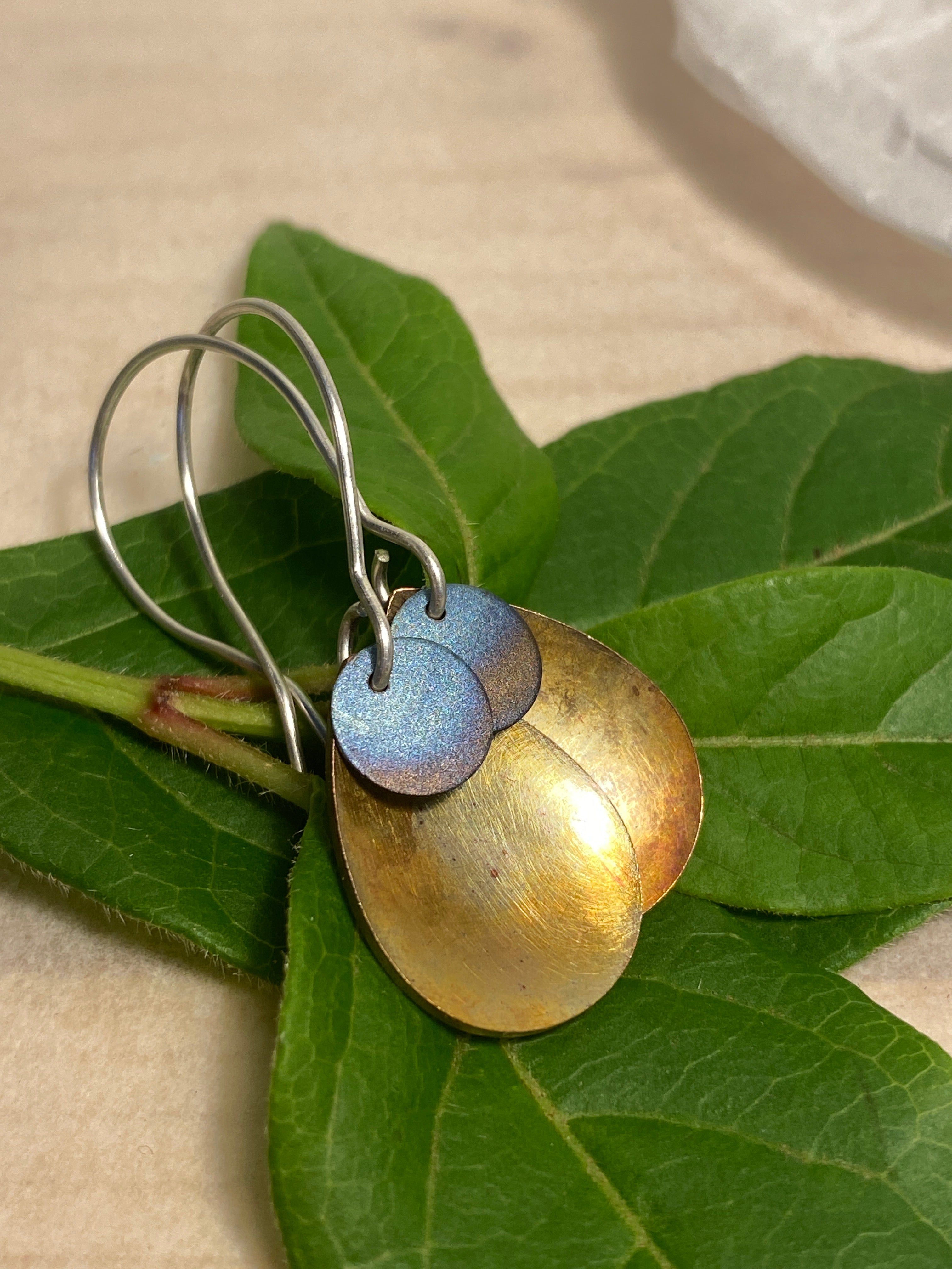 Flame painted copper and titanium earrings with silver wire