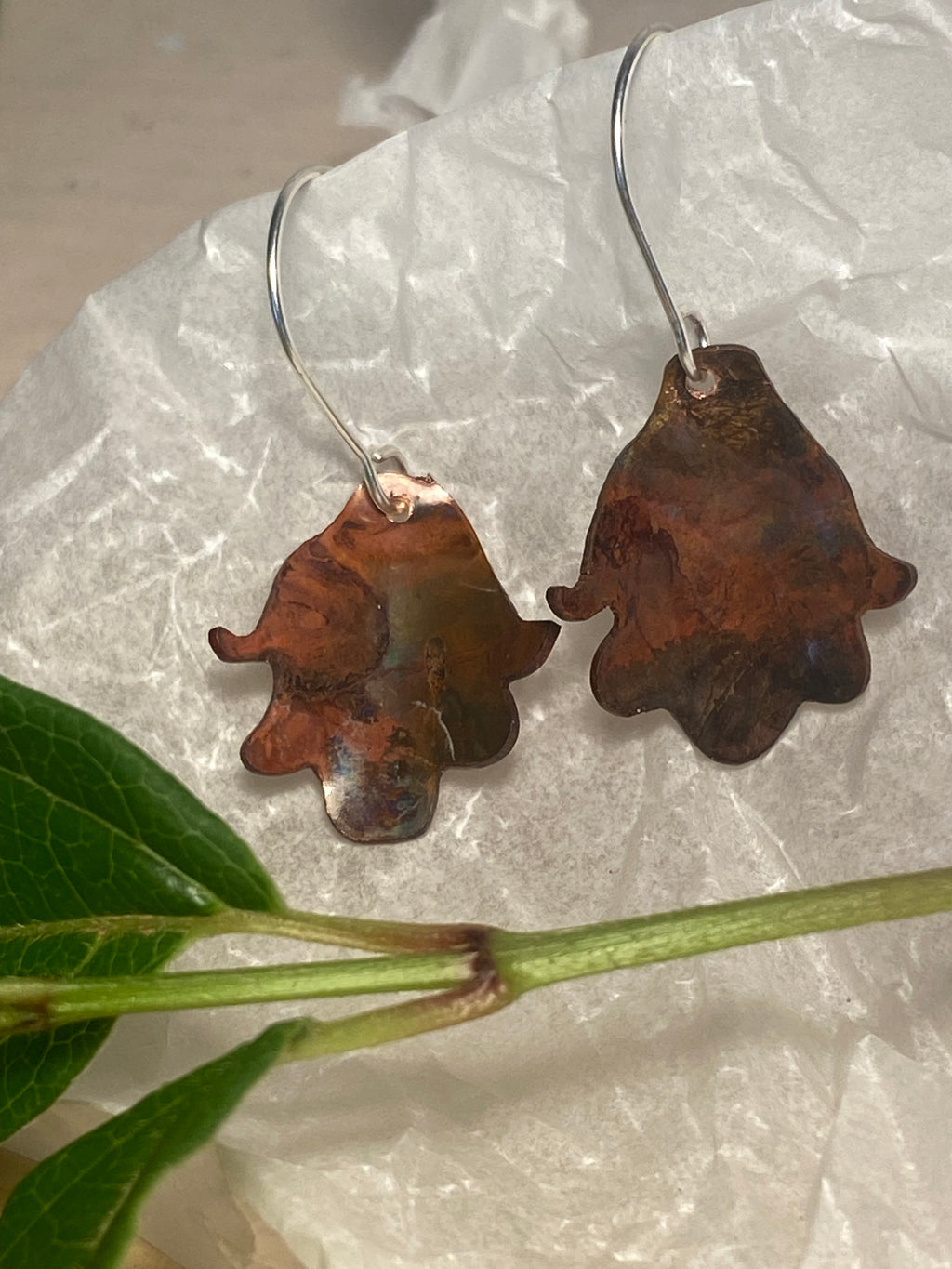 Flame painted copper and silver earrings