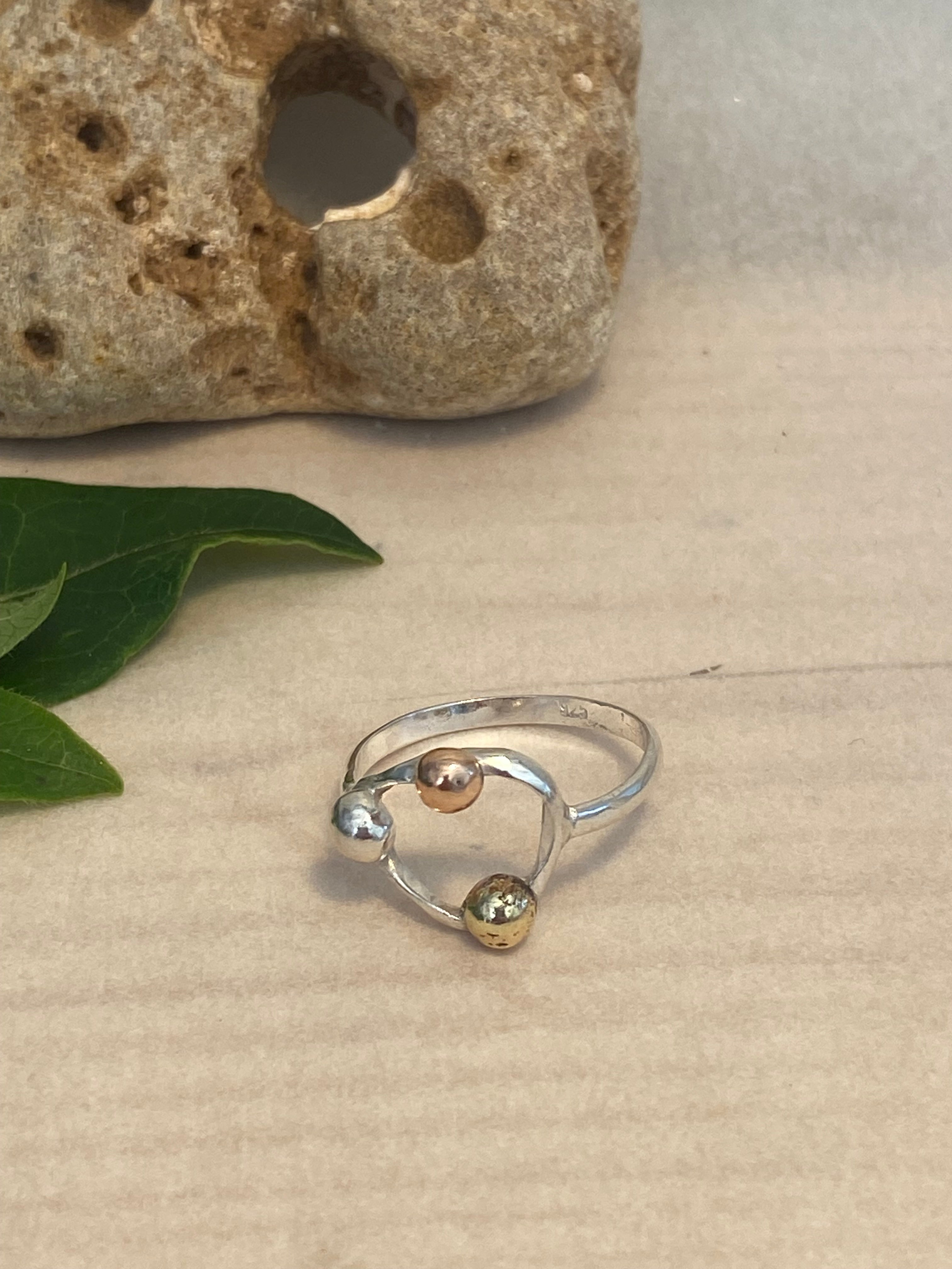 Three Metals Halo Pebble Ring — Silver, Copper & Brass