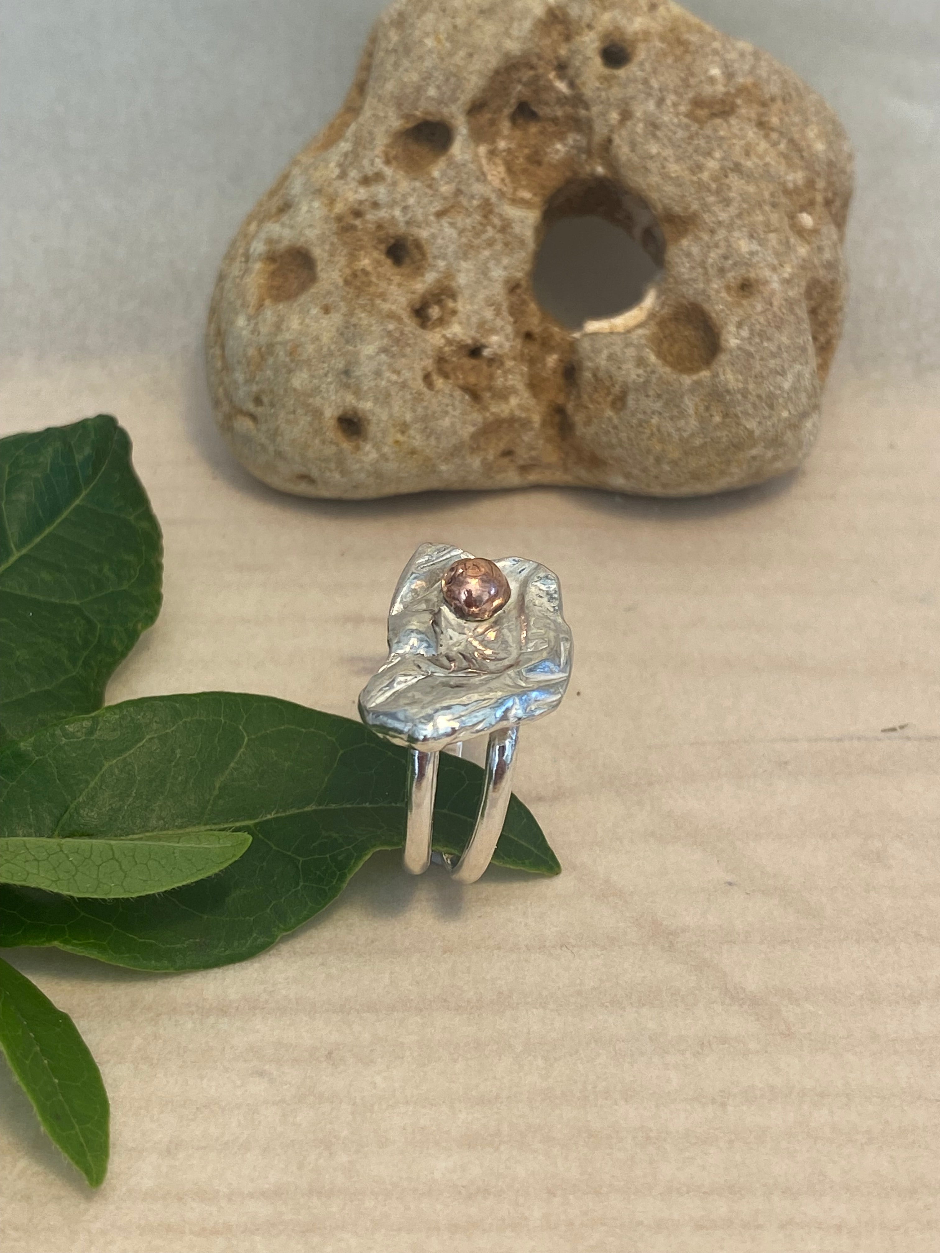 Molten Silver & Copper Pebble Double Band Ring