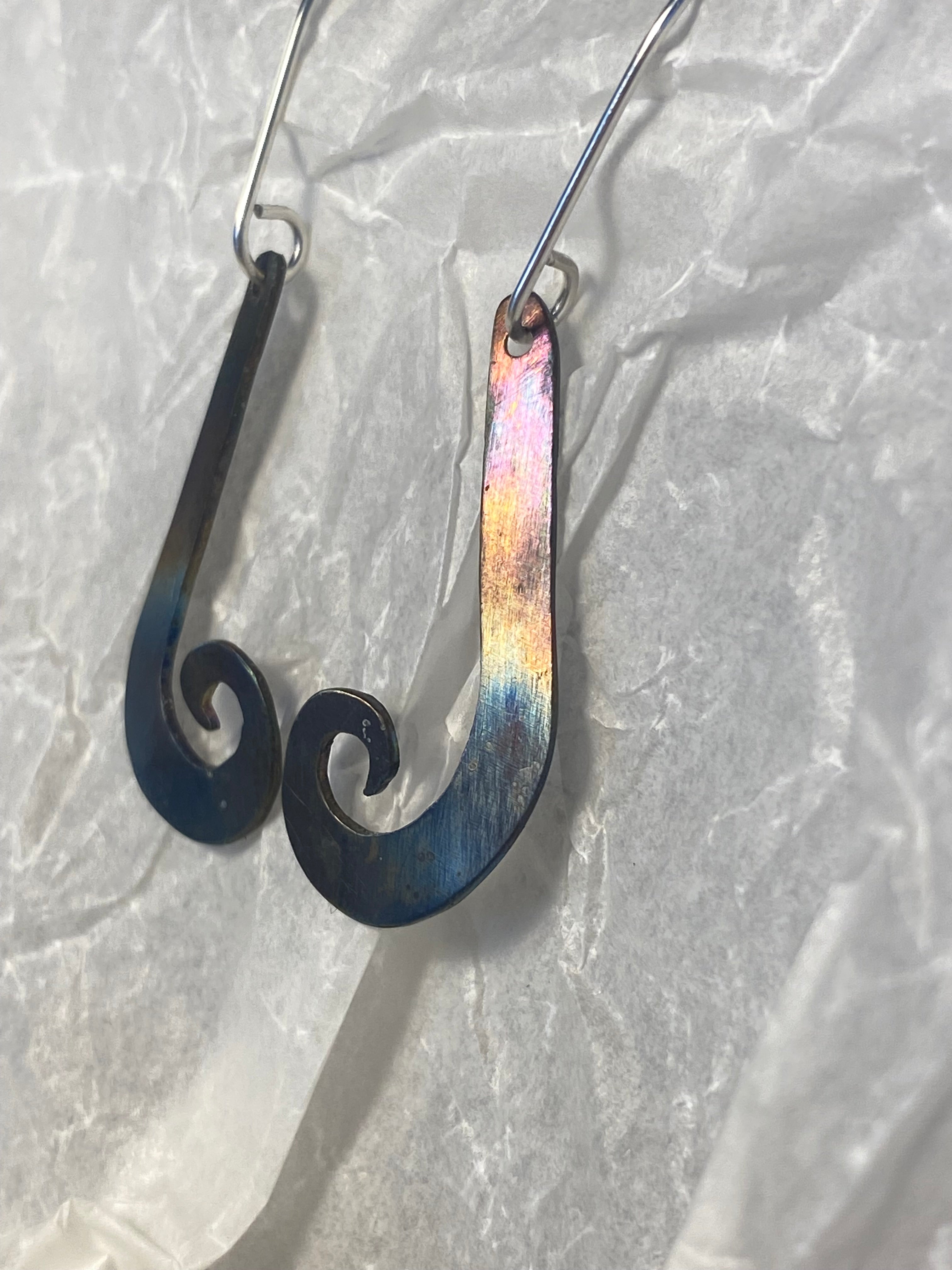 Flame-Painted Titanium Drop Earrings — Sterling Silver Hooks