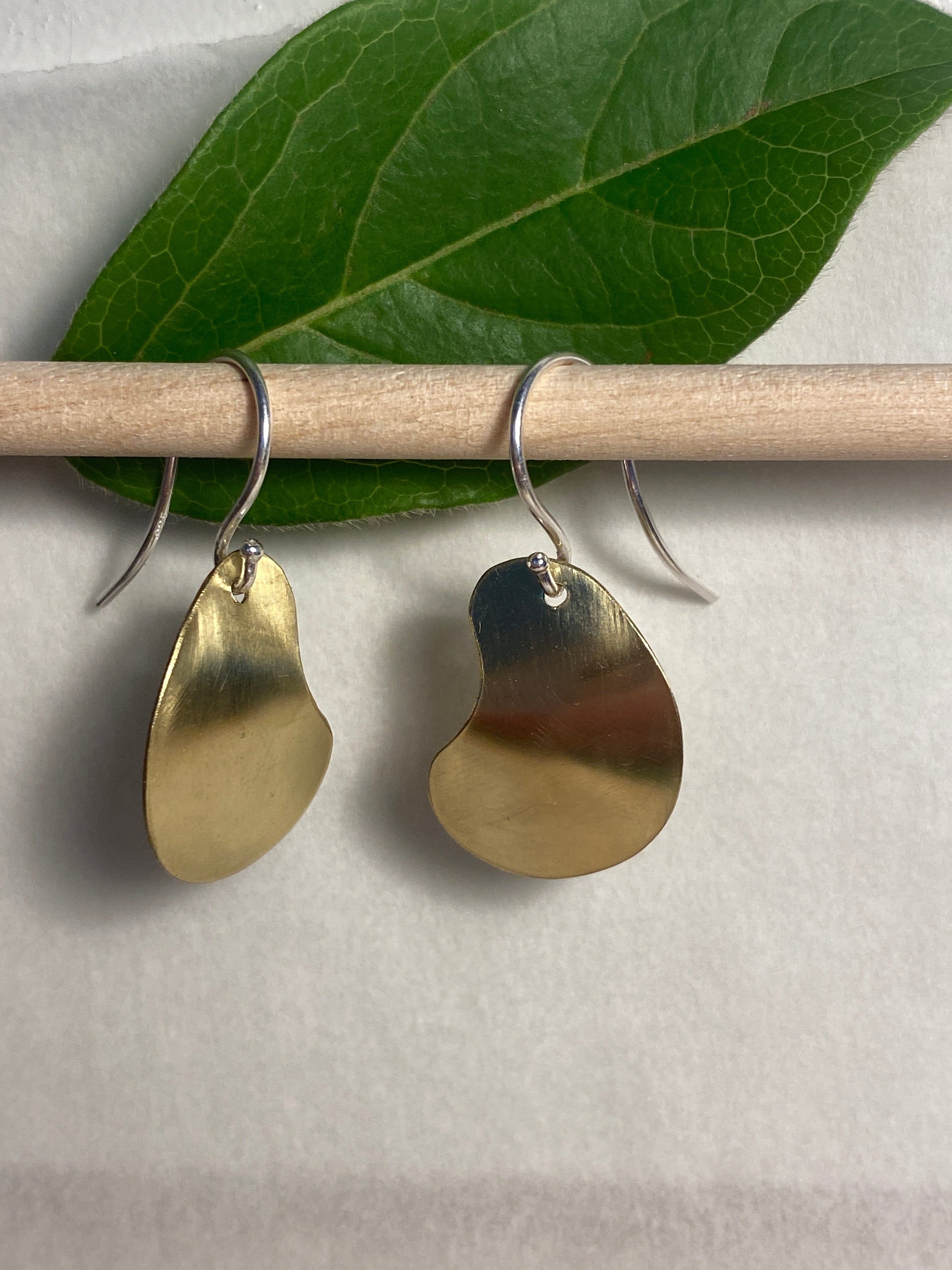 Polished brass earrings with sterling silver loops