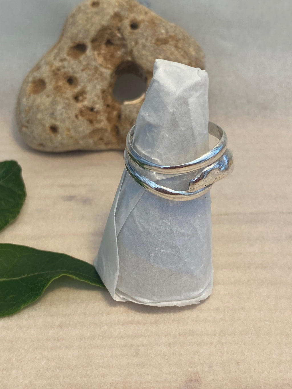 Double Band Silver Ring with Molten Pebble Detail