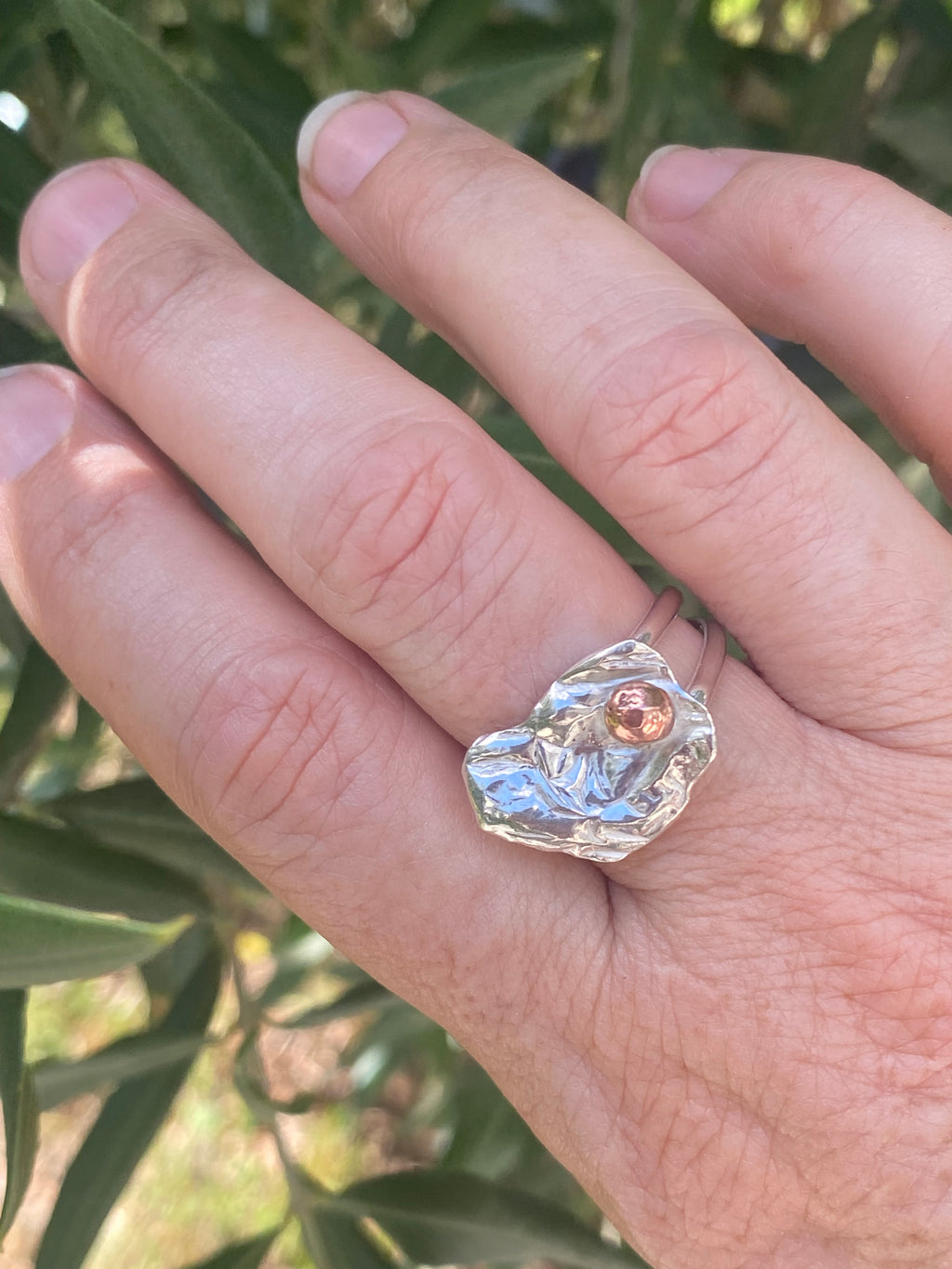 Molten Silver & Copper Pebble Double Band Ring