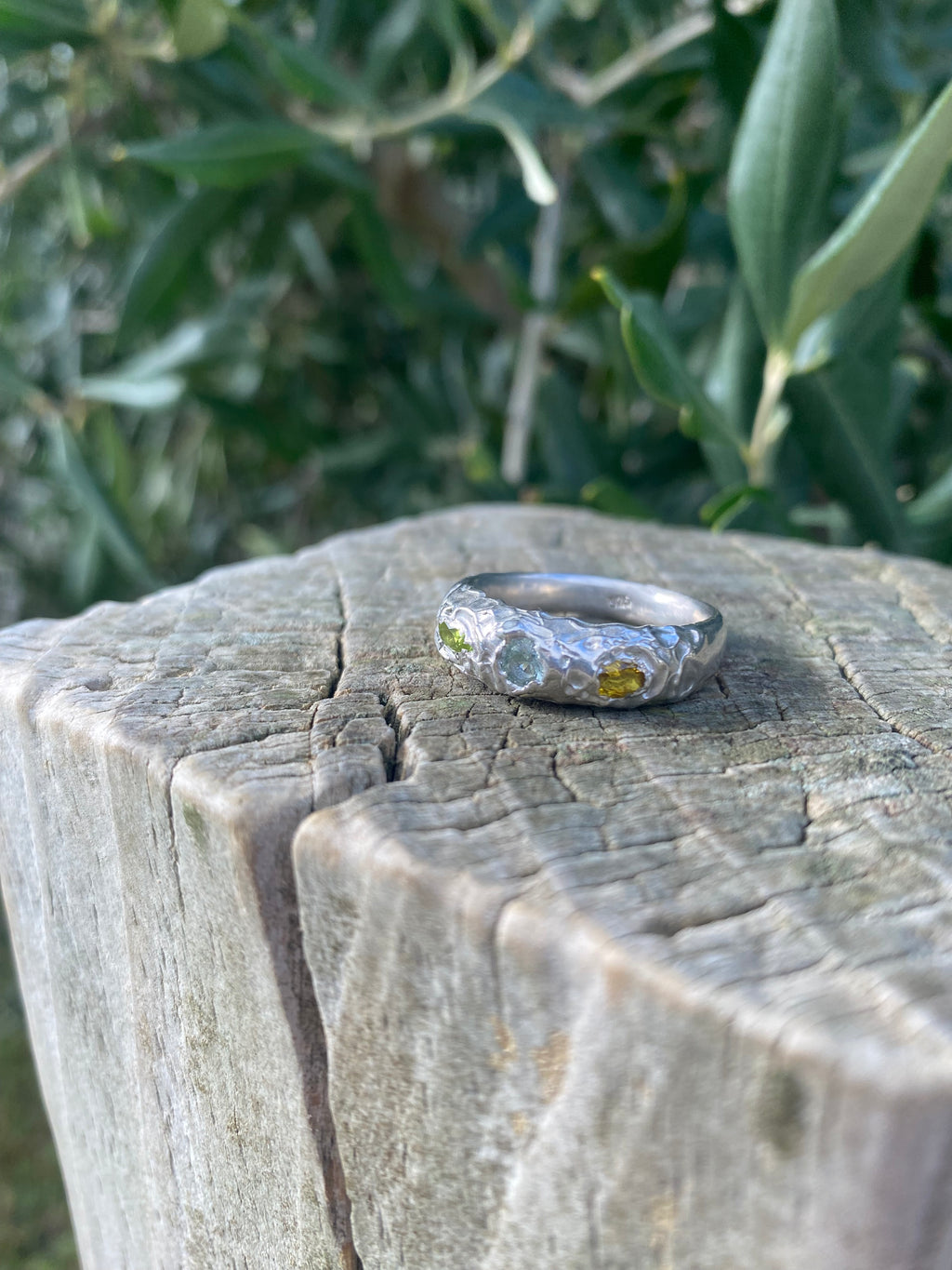 Peridot, Yellow sapphire and Green Amethyst Ring - Cast in Place Sterling Silver