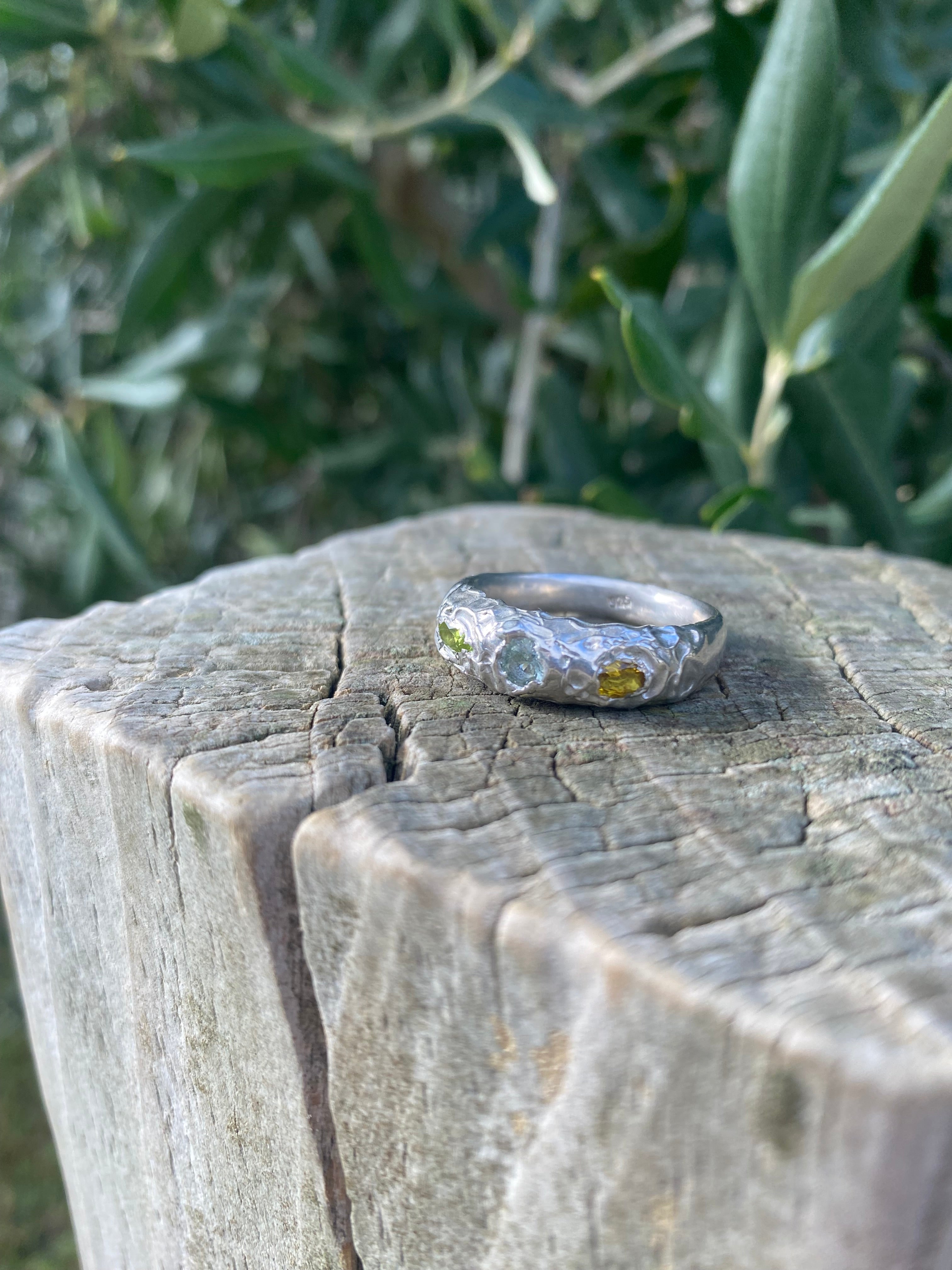 Peridot, Yellow sapphire and Green Amethyst Ring - Cast in Place Sterling Silver