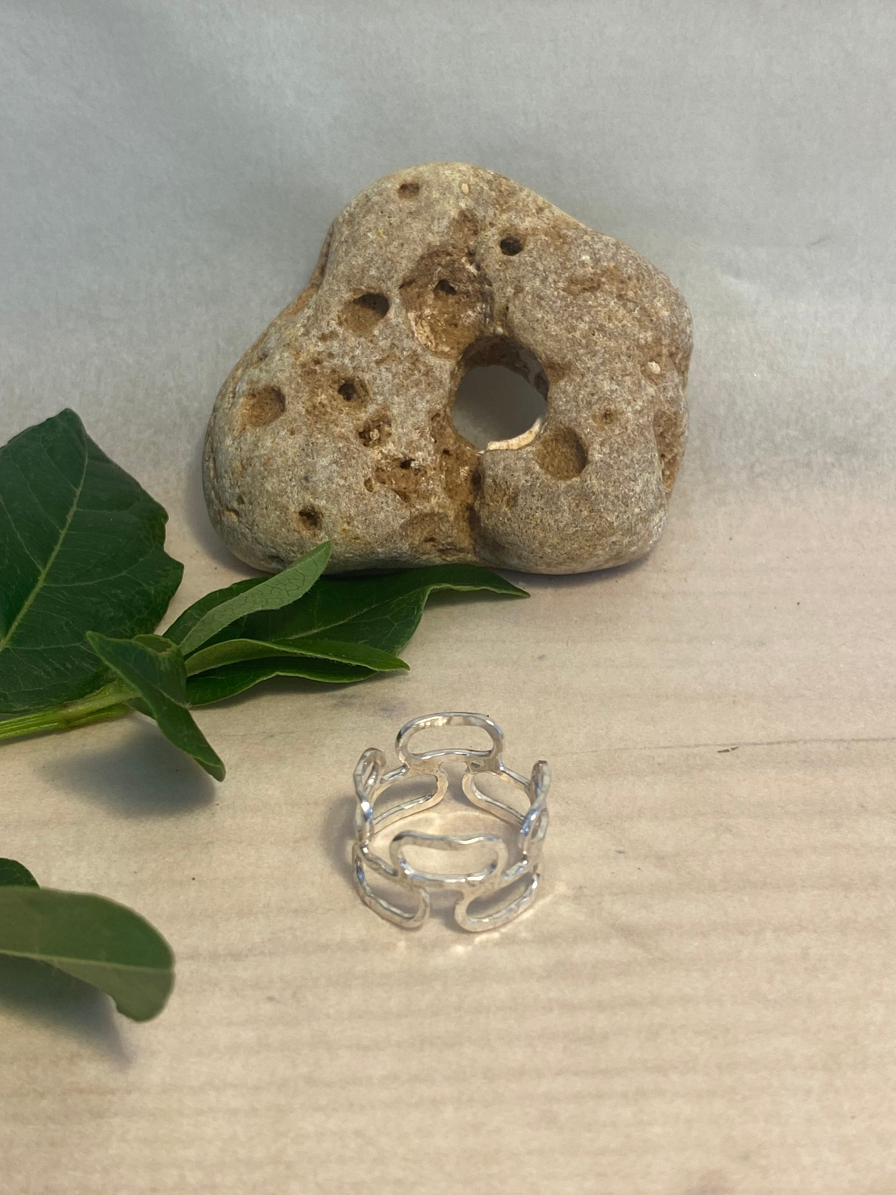 Double Row Hammered Silver Links Ring