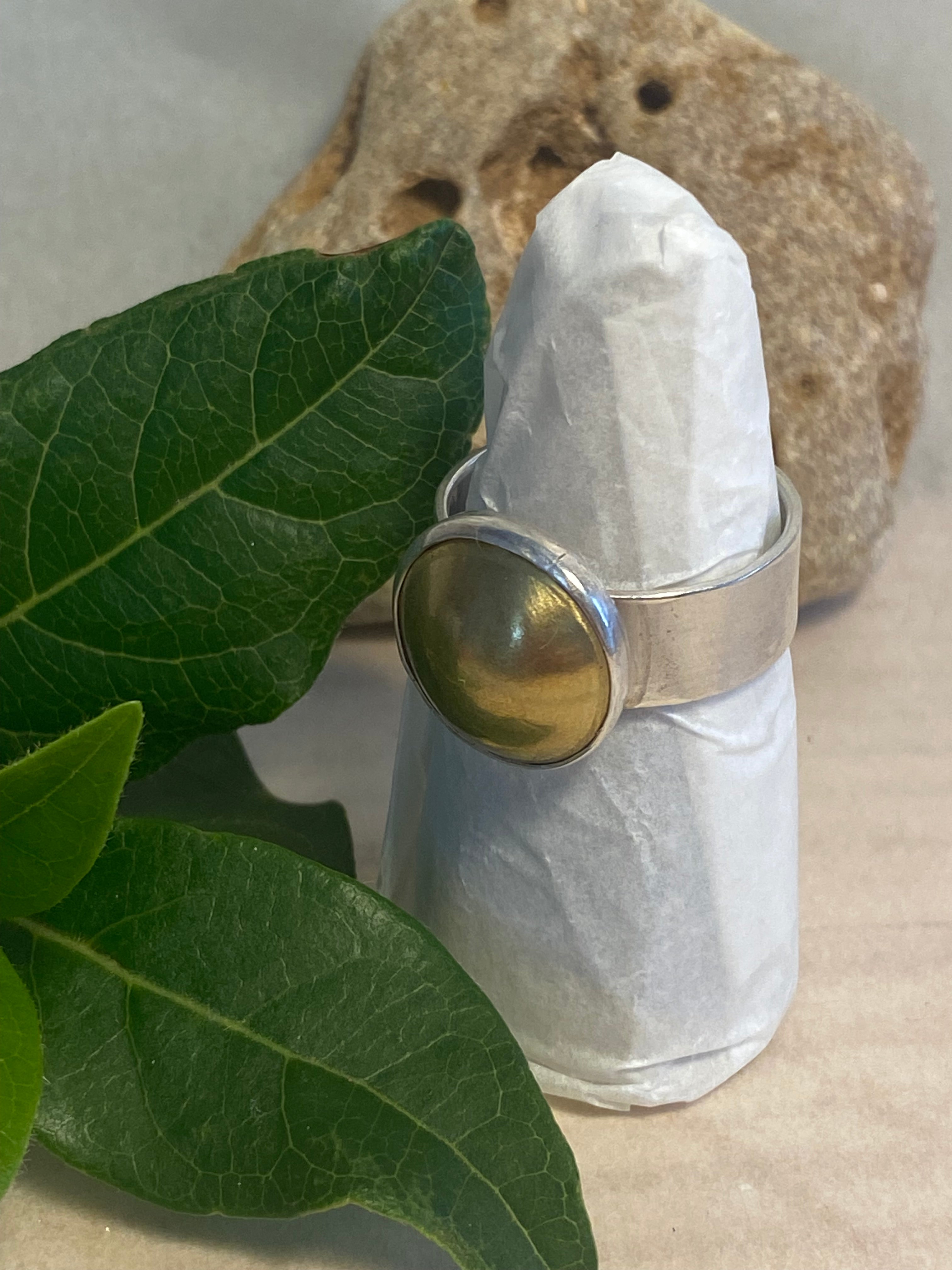 Statement Brass Dome Wide Band Sterling Silver Ring