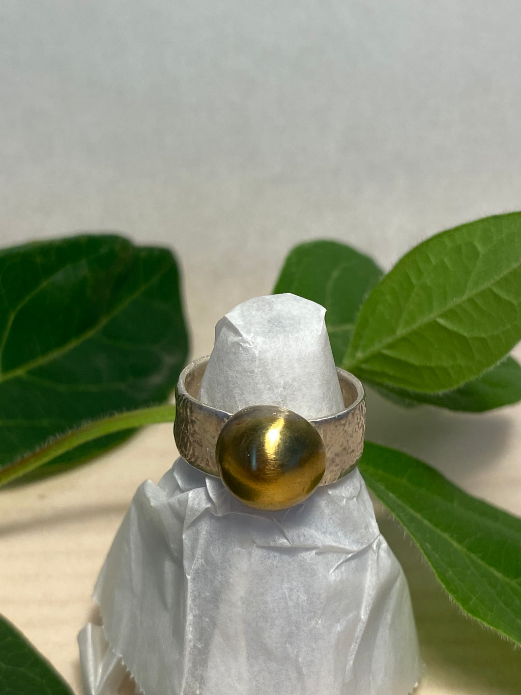 Domed brass and sterling silver adjustable ring