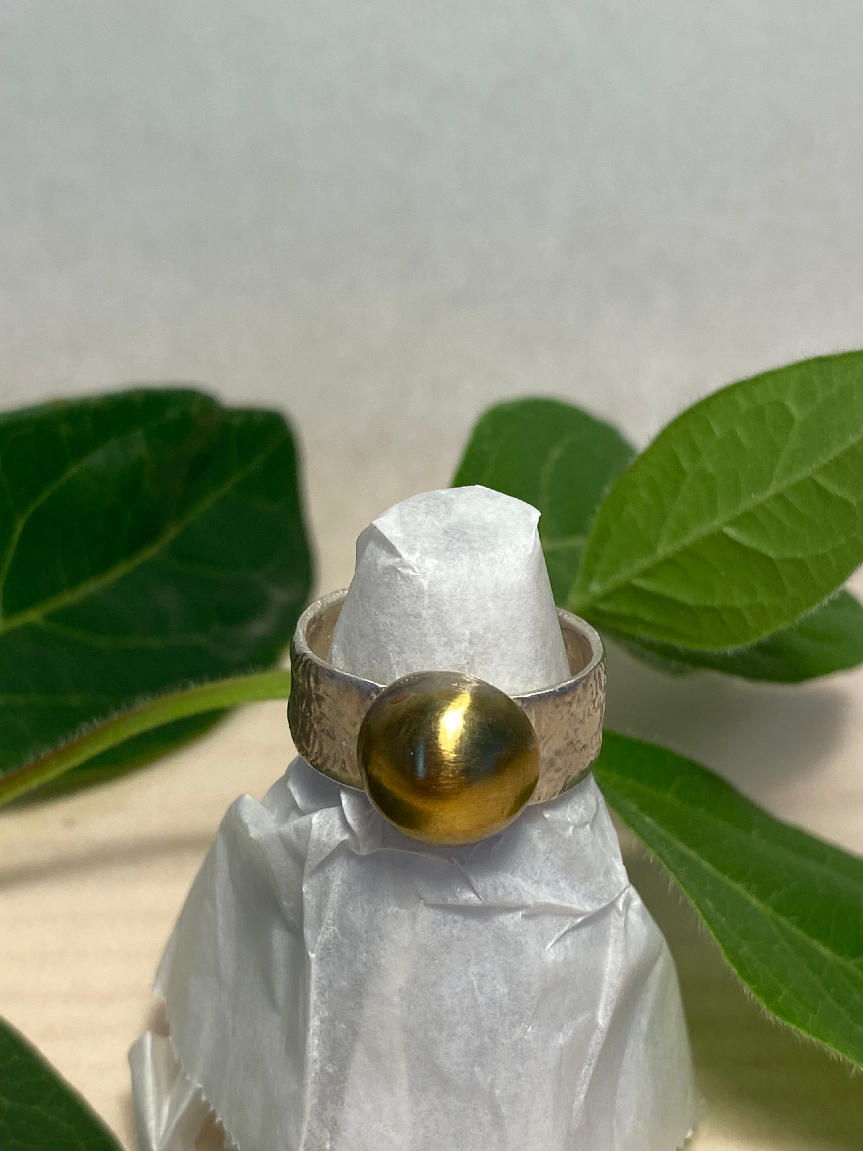 Domed brass and sterling silver adjustable ring