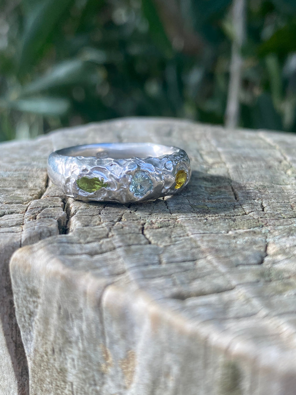 Peridot, Yellow sapphire and Green Amethyst Ring - Cast in Place Sterling Silver
