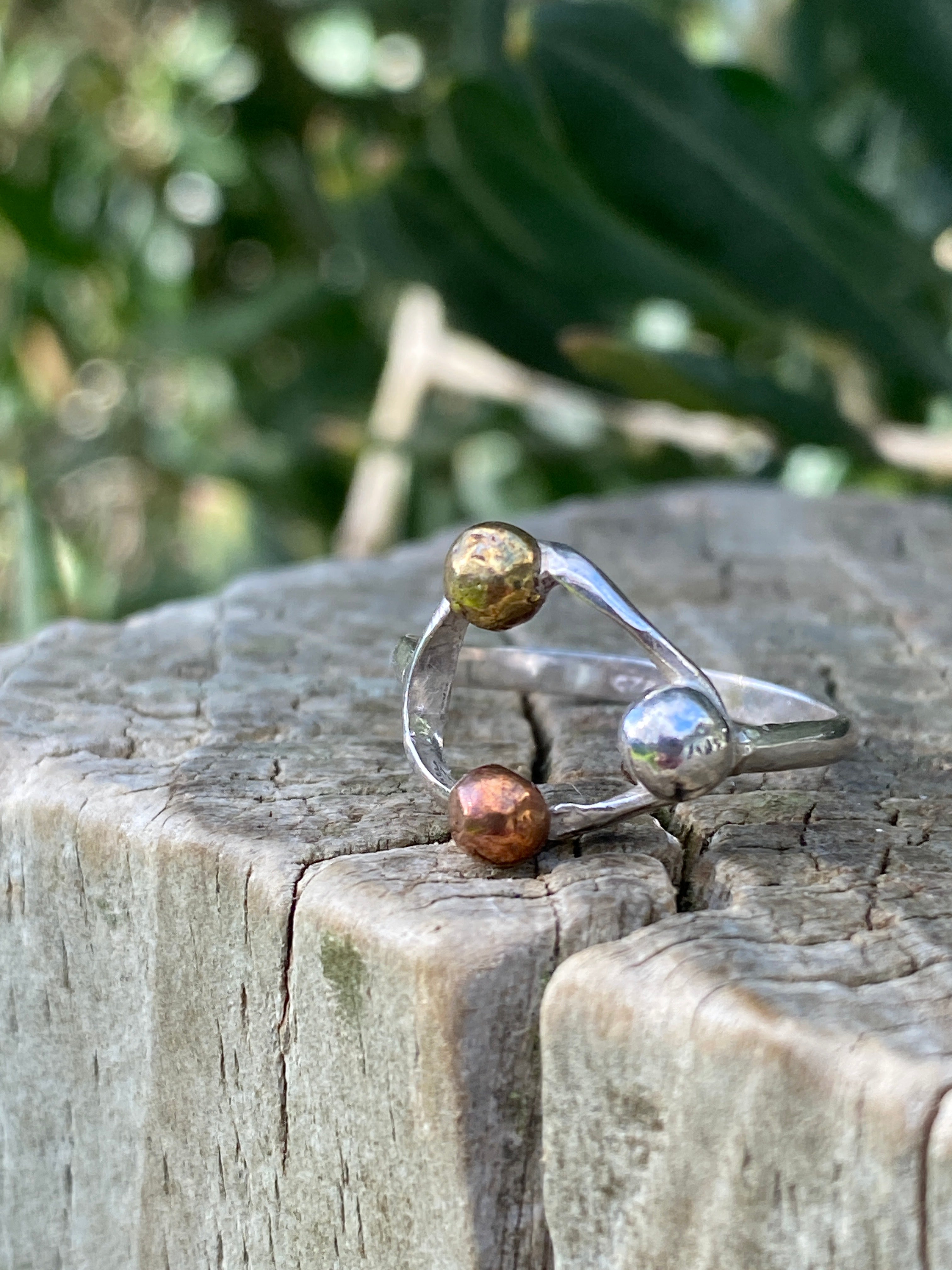 Three Metals Halo Pebble Ring — Silver, Copper & Brass