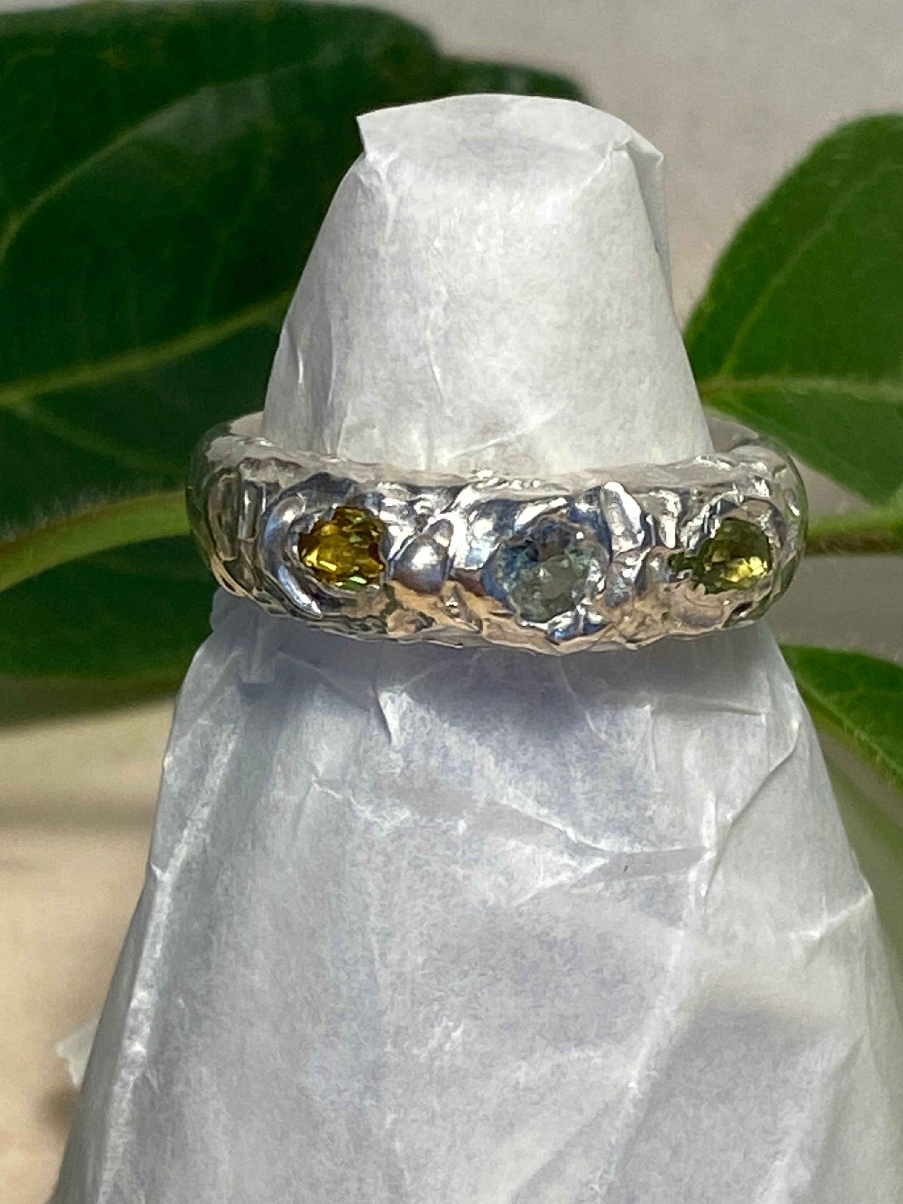 Peridot, Yellow sapphire and Green Amethyst sterling silver ring