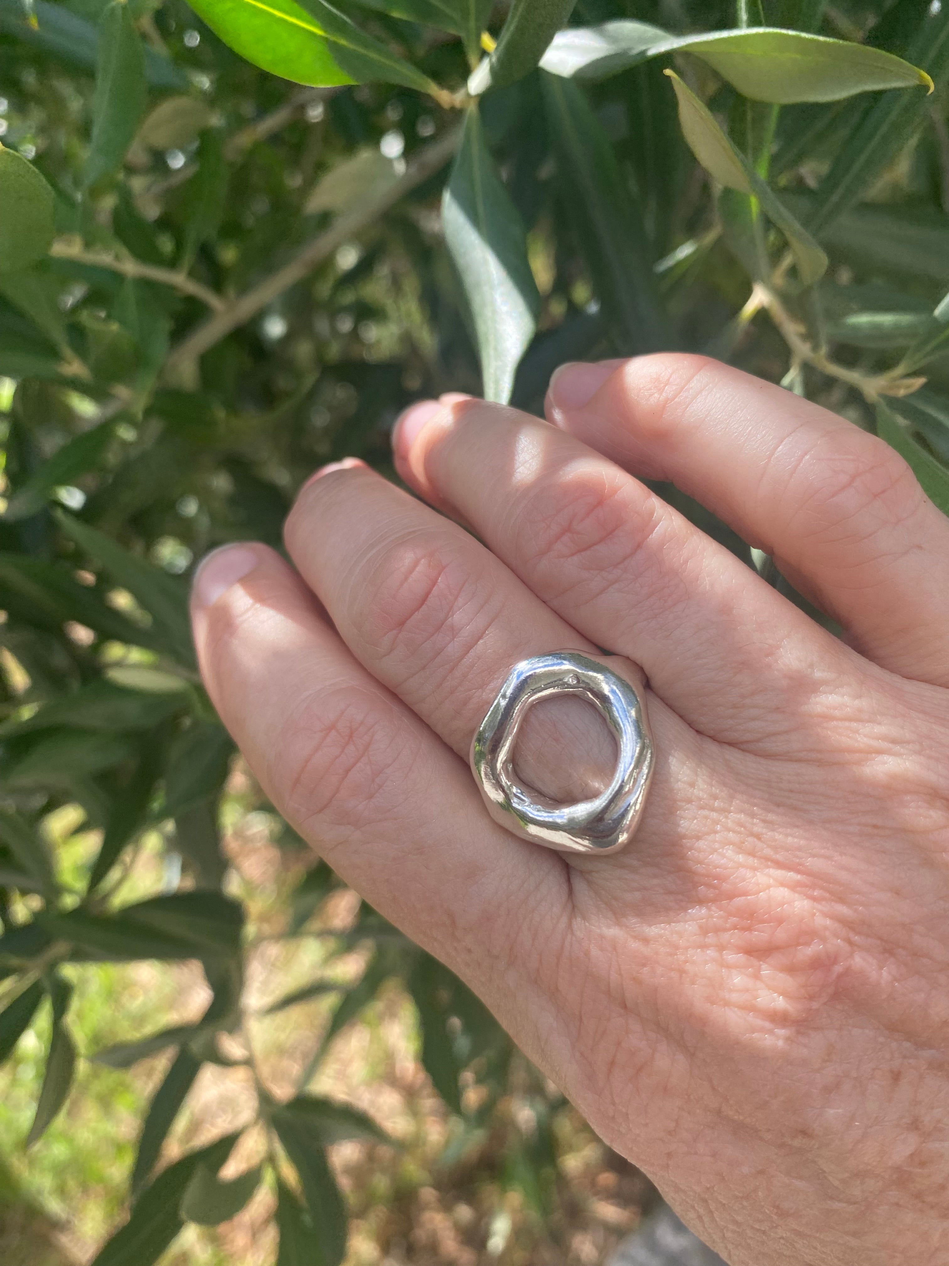 Molten Circle Wax Carved Sterling Silver Statement Ring