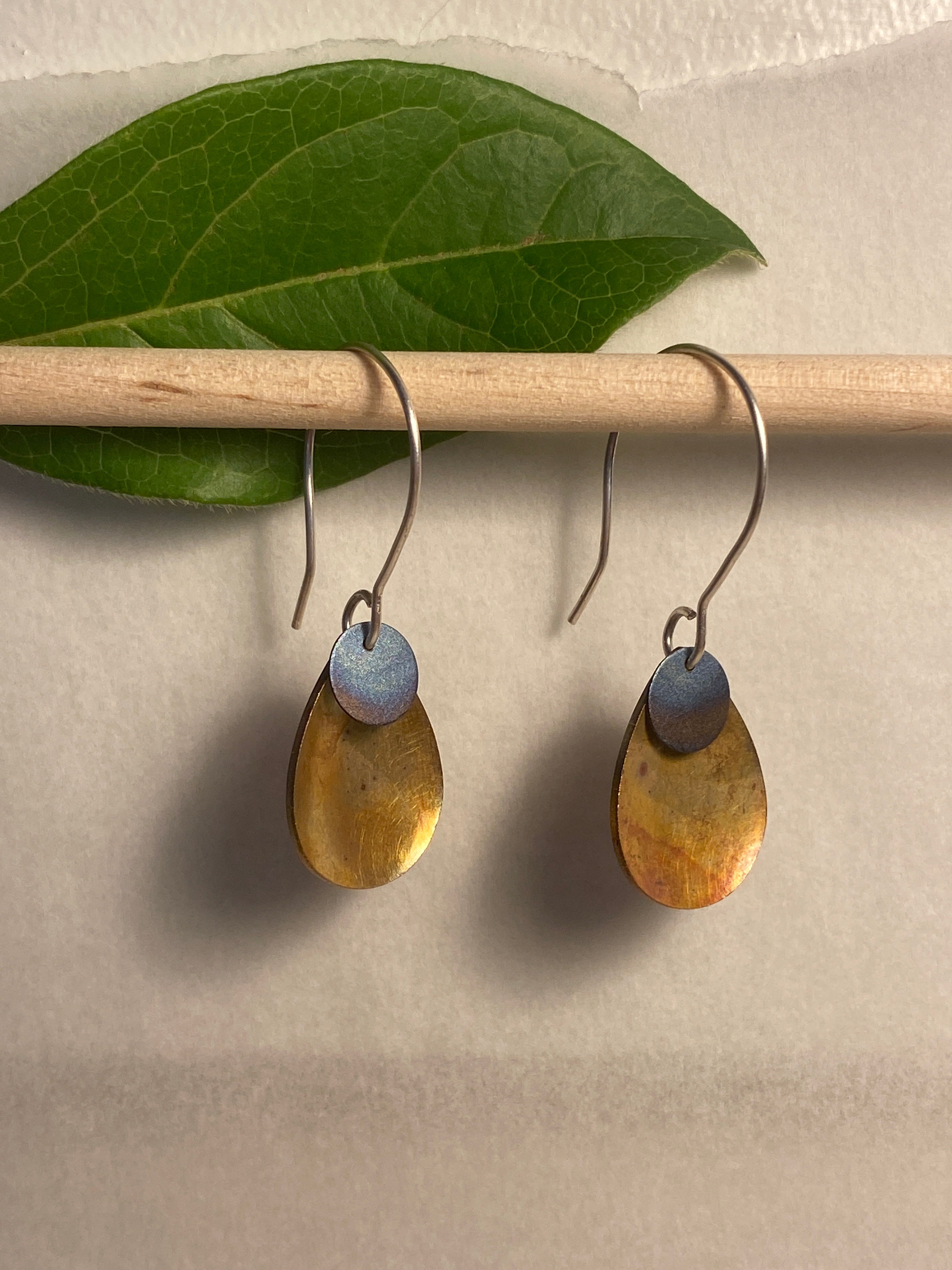 Flame painted copper and titanium earrings with silver wire