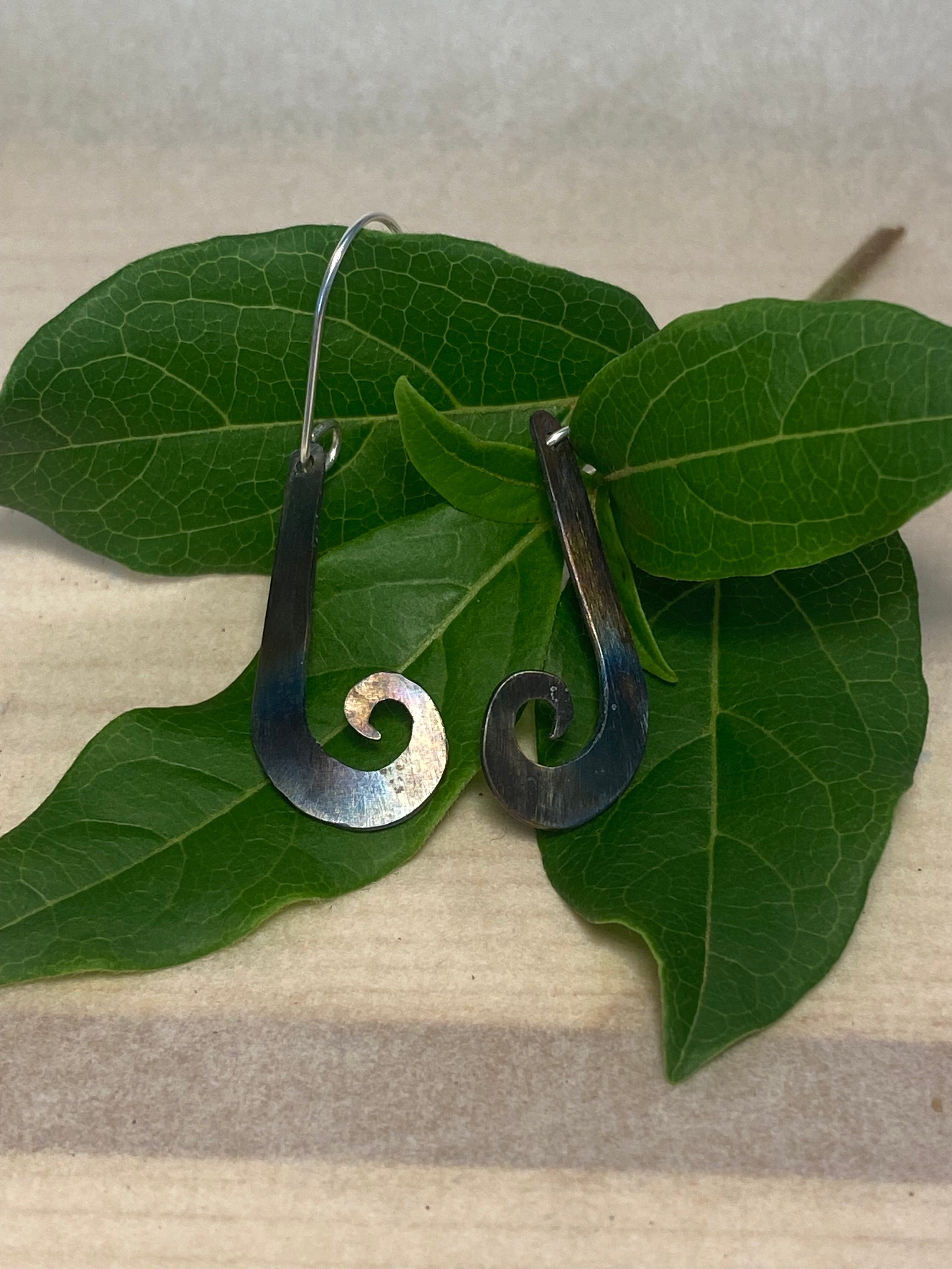 Flame-Painted Titanium Drop Earrings — Sterling Silver Hooks