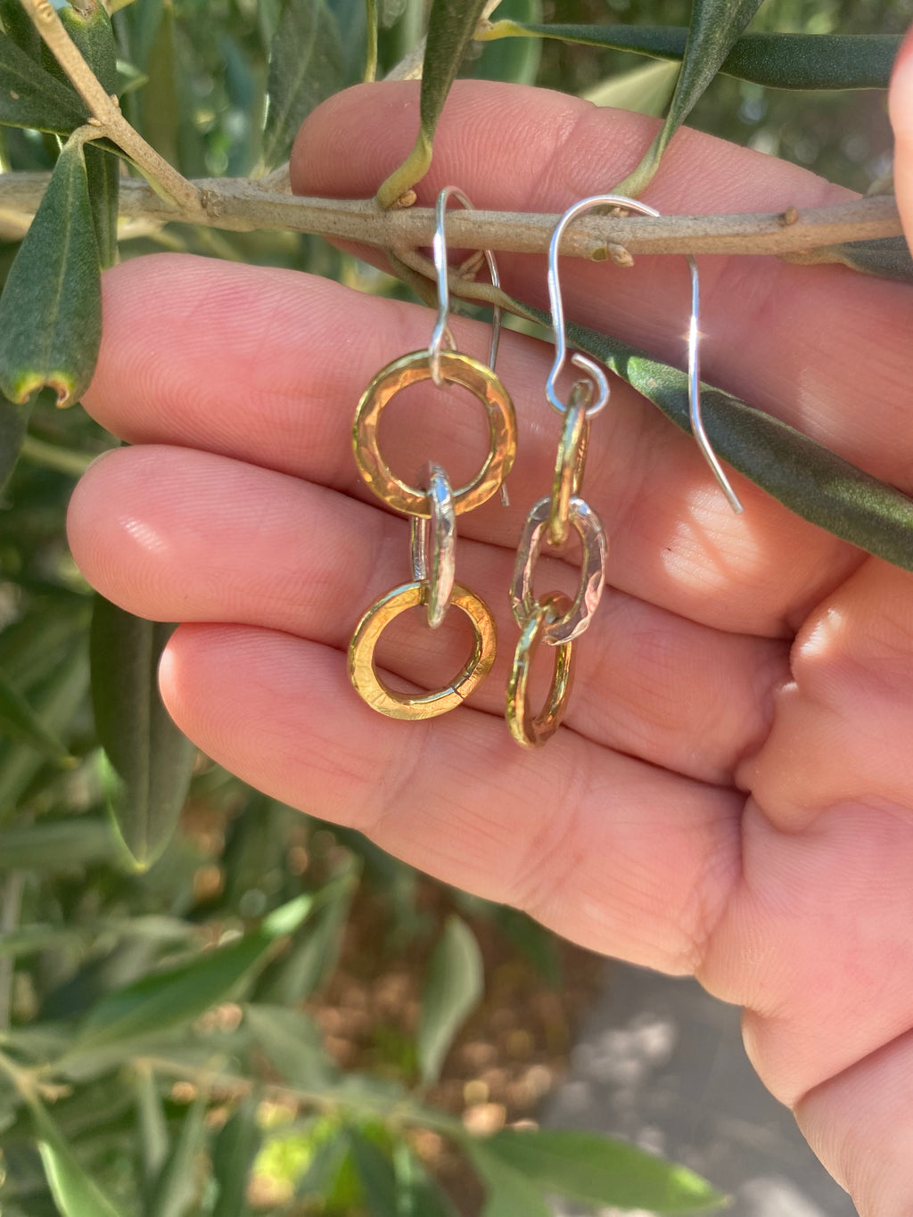 Silver & Brass Triple Loop Drop Earrings
