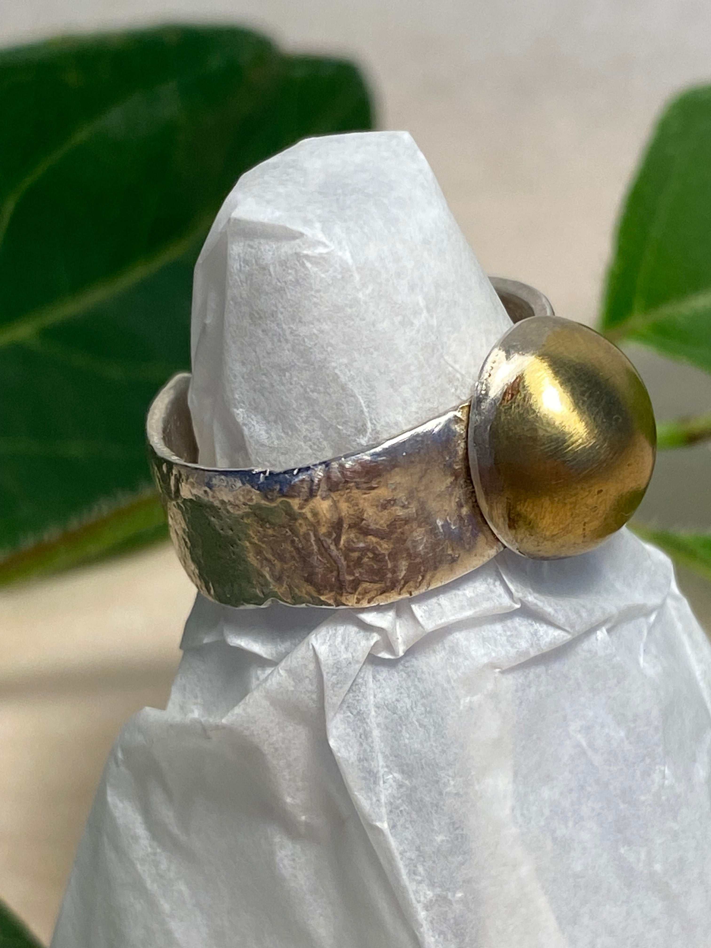 Domed brass and sterling silver adjustable ring