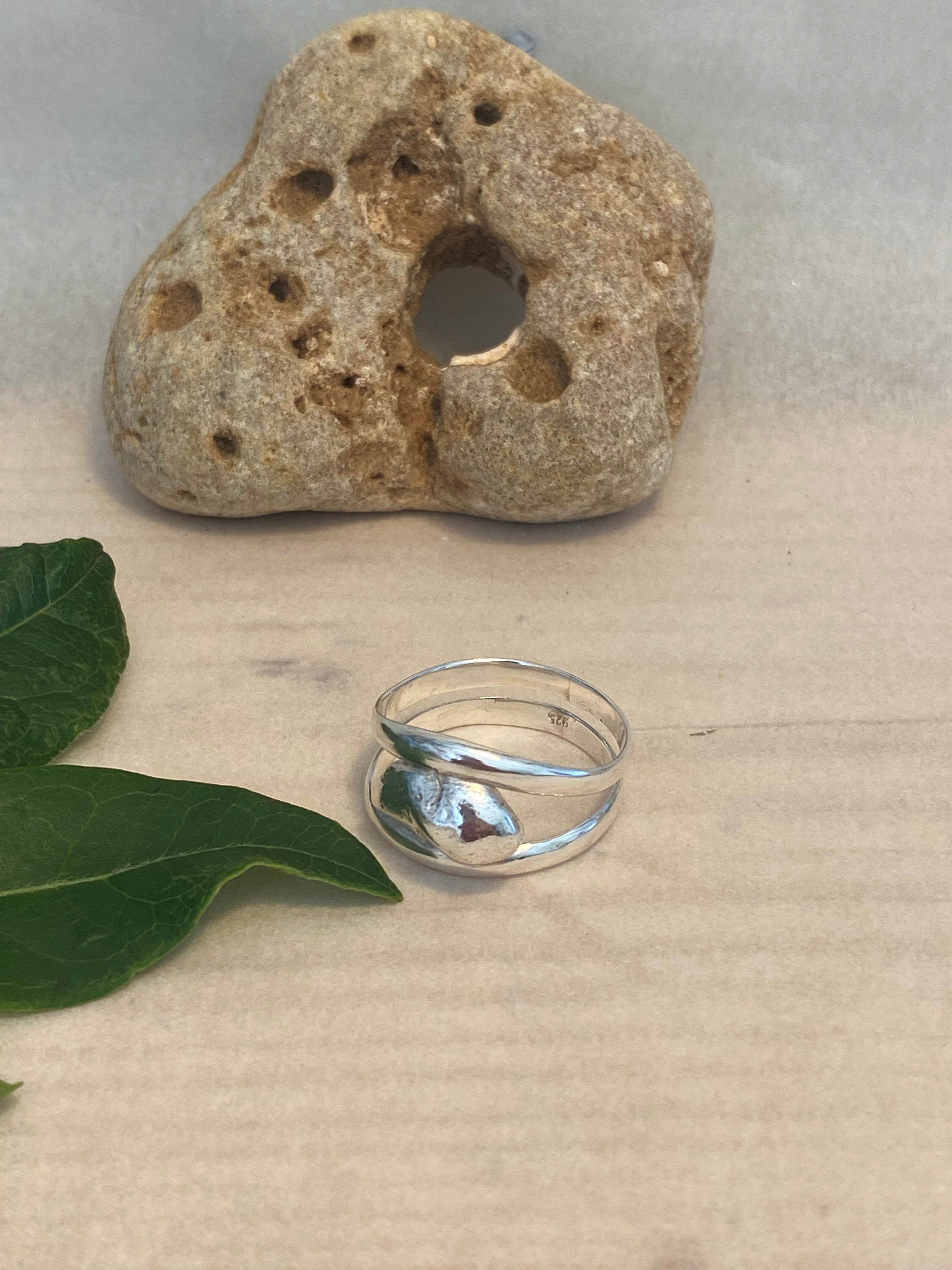 Double Band Silver Ring with Molten Pebble Detail