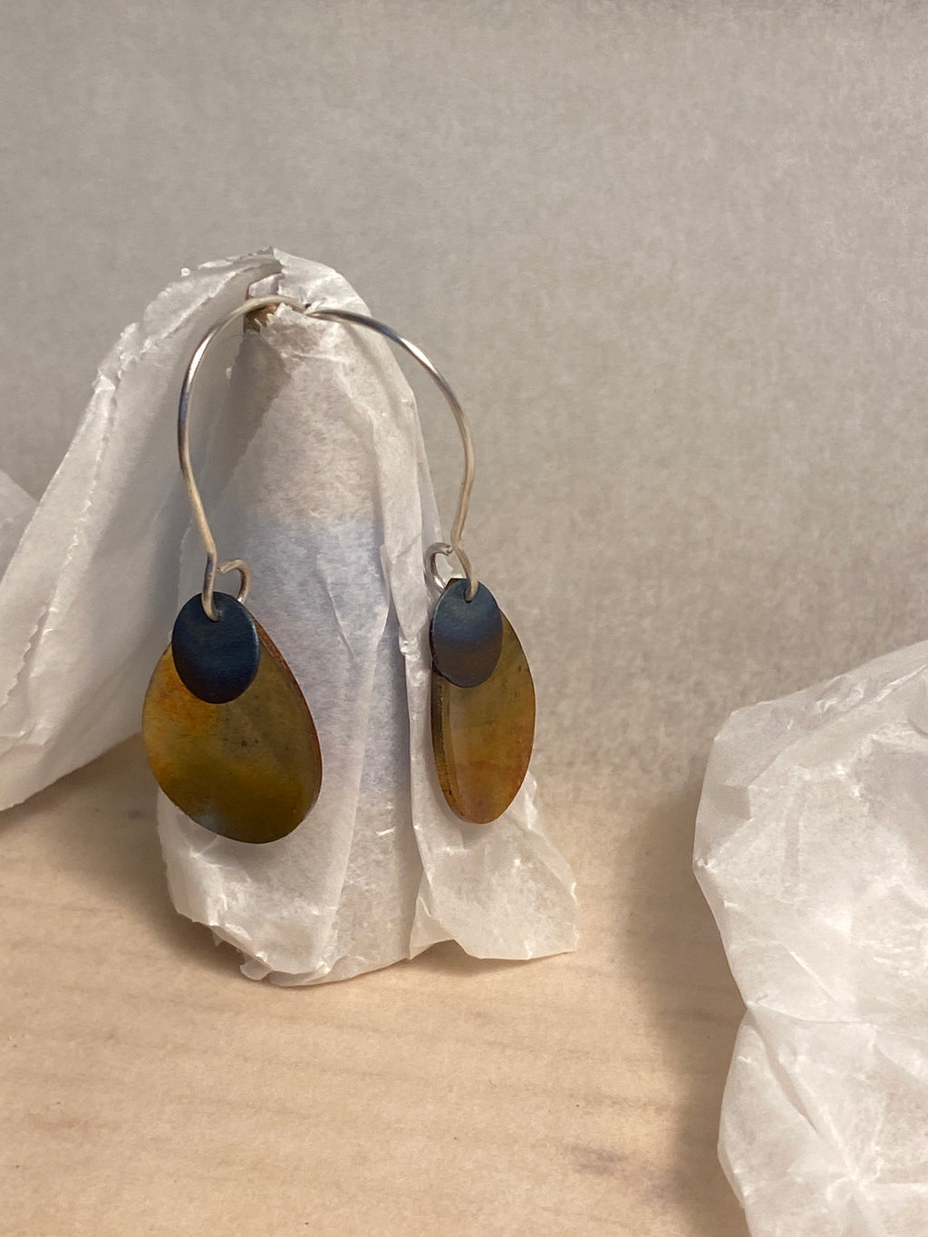Flame painted copper and titanium earrings with silver wire