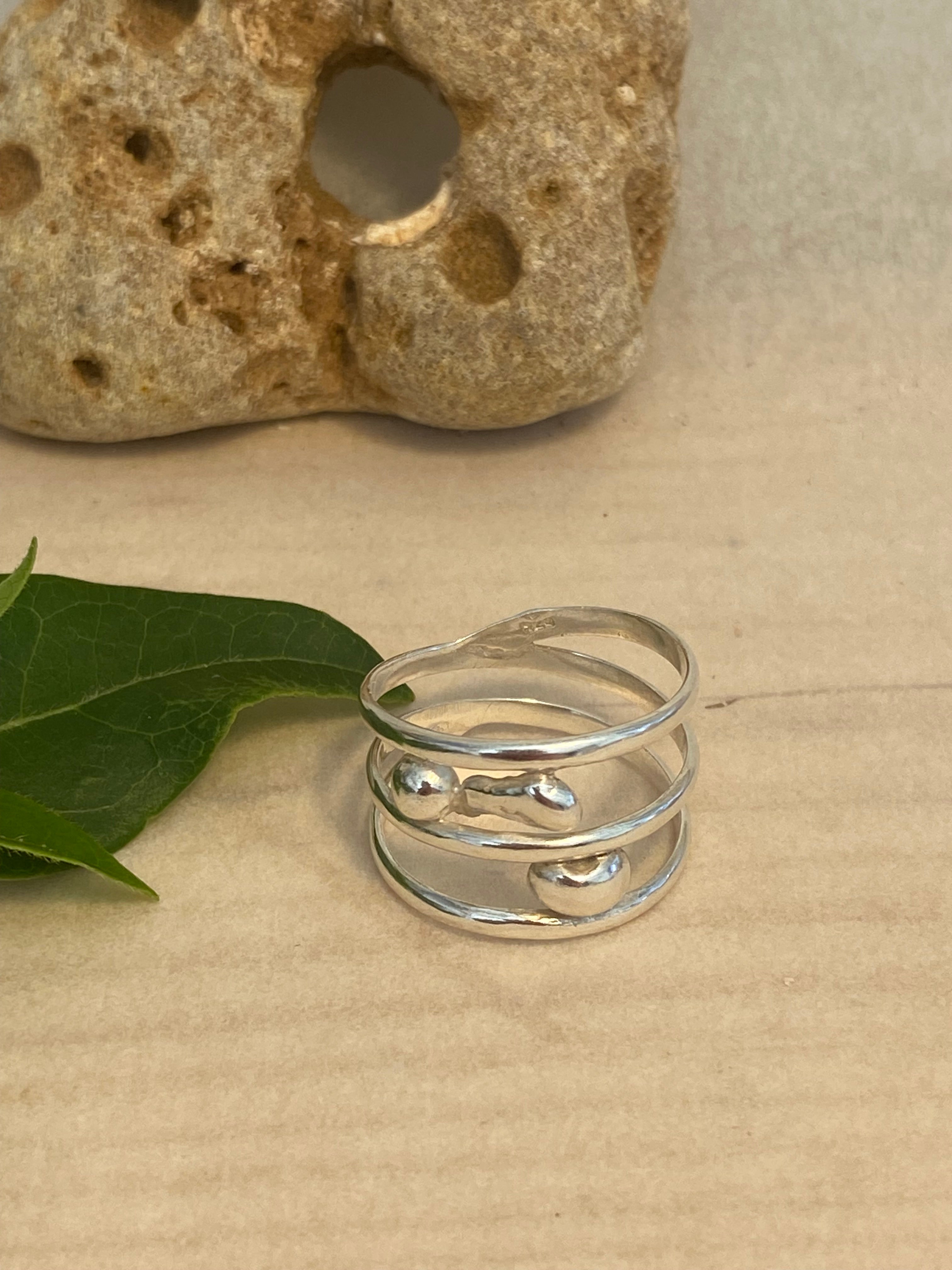 Triple Band Trio Sterling Silver Pebble Ring
