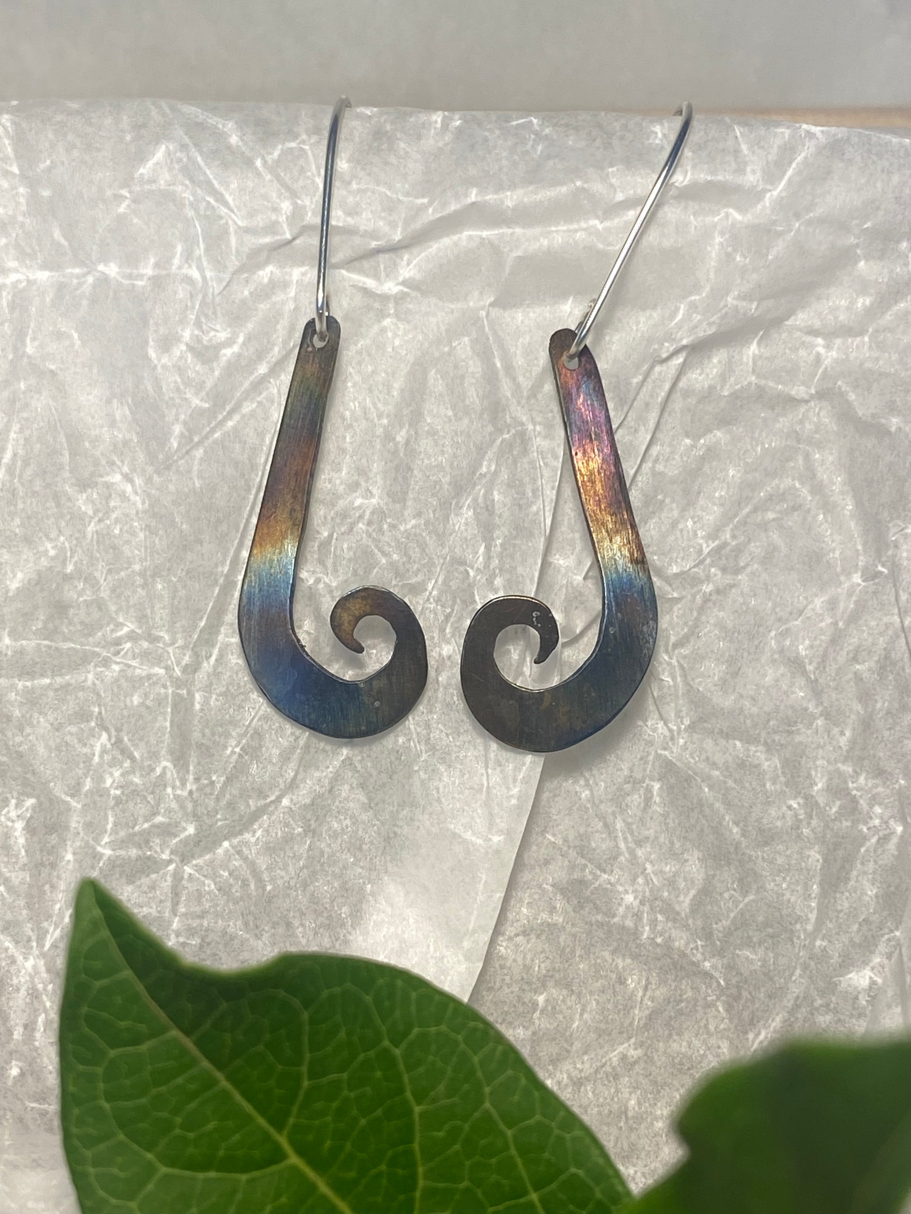 Flame-Painted Titanium Drop Earrings — Sterling Silver Hooks
