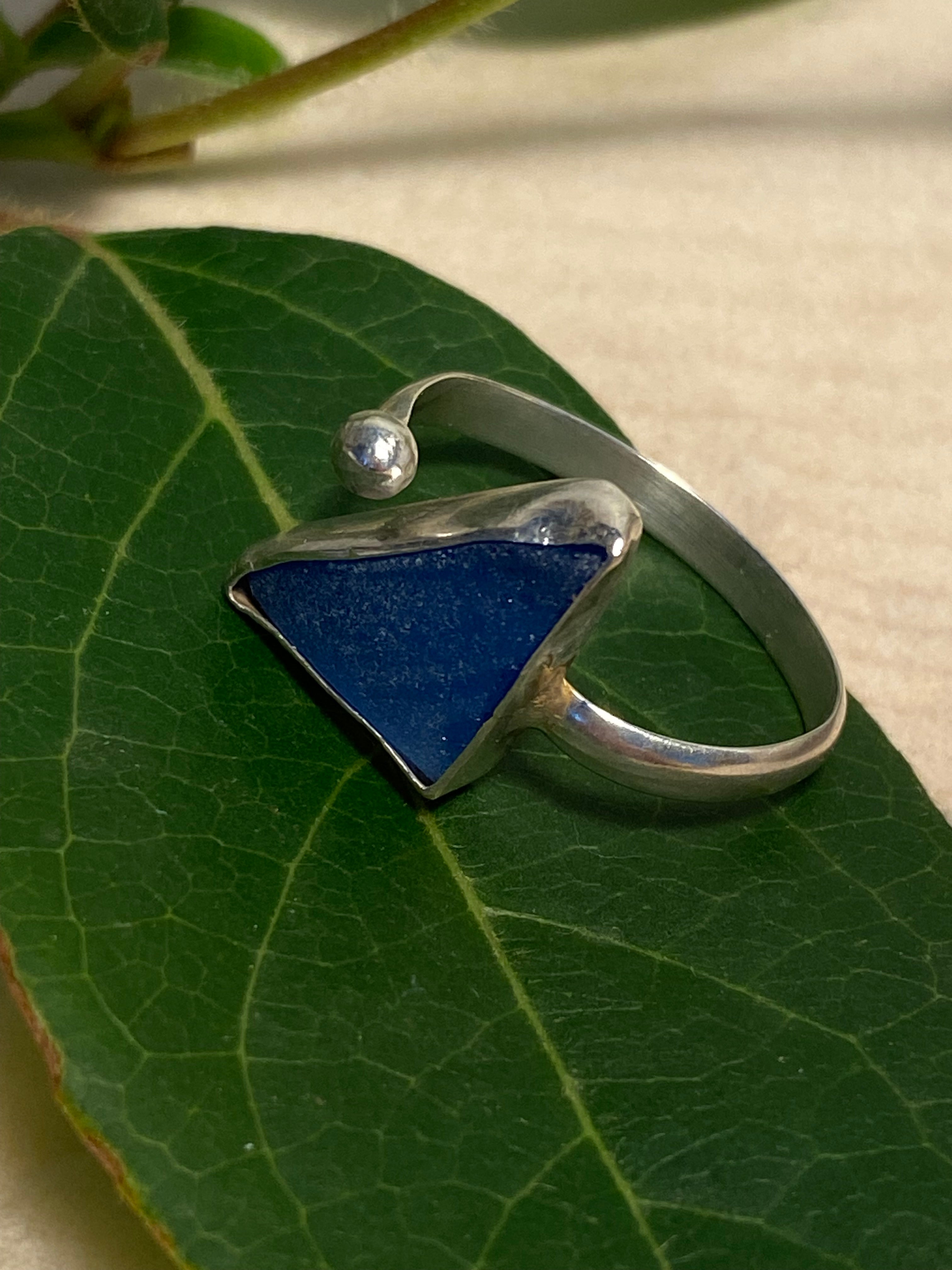 Blue sea glass and sterling silver adjustable ring