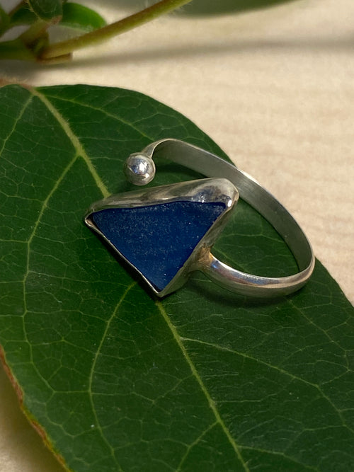 Blue sea glass and sterling silver adjustable ring