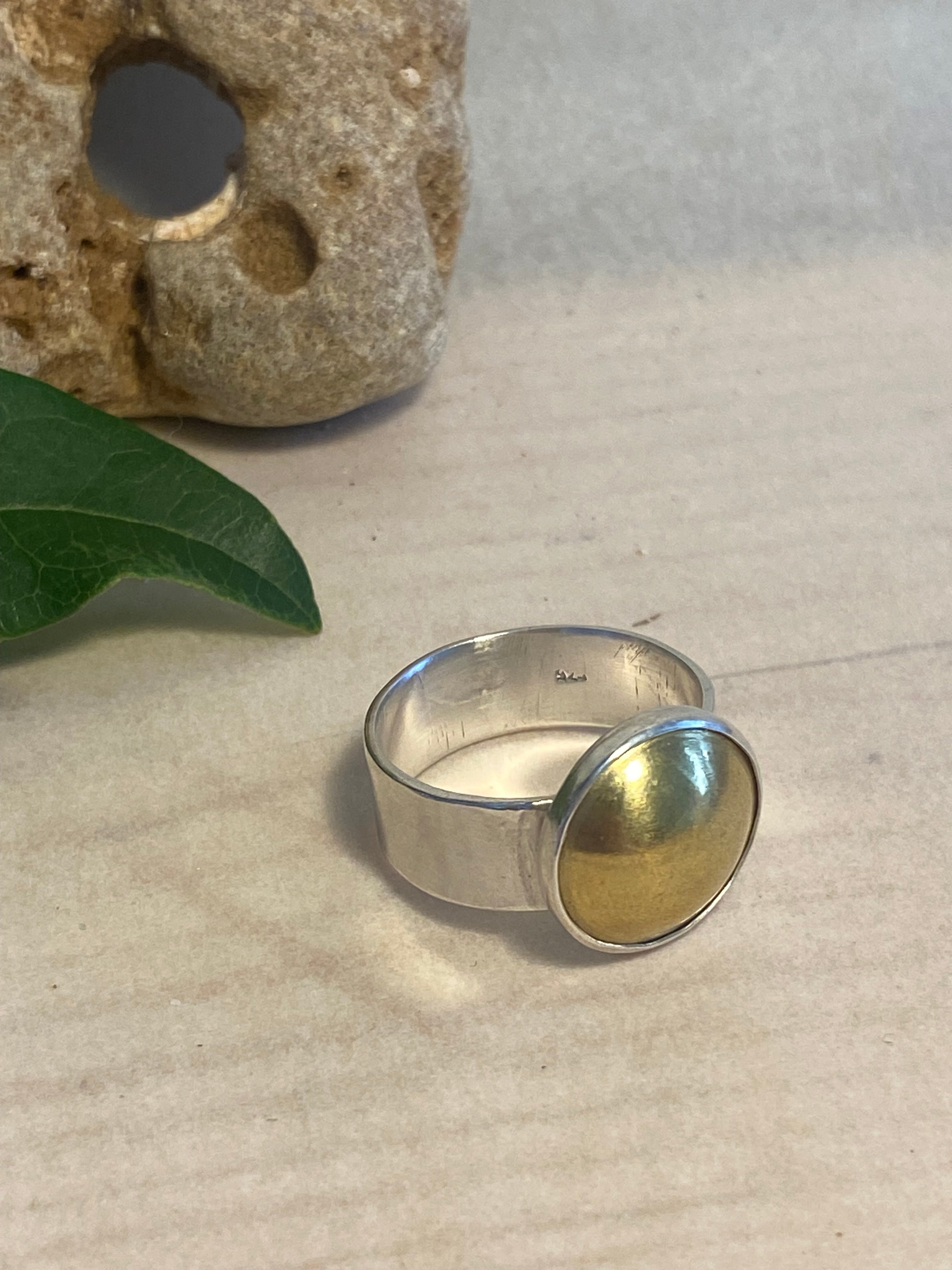 Statement Brass Dome Wide Band Sterling Silver Ring