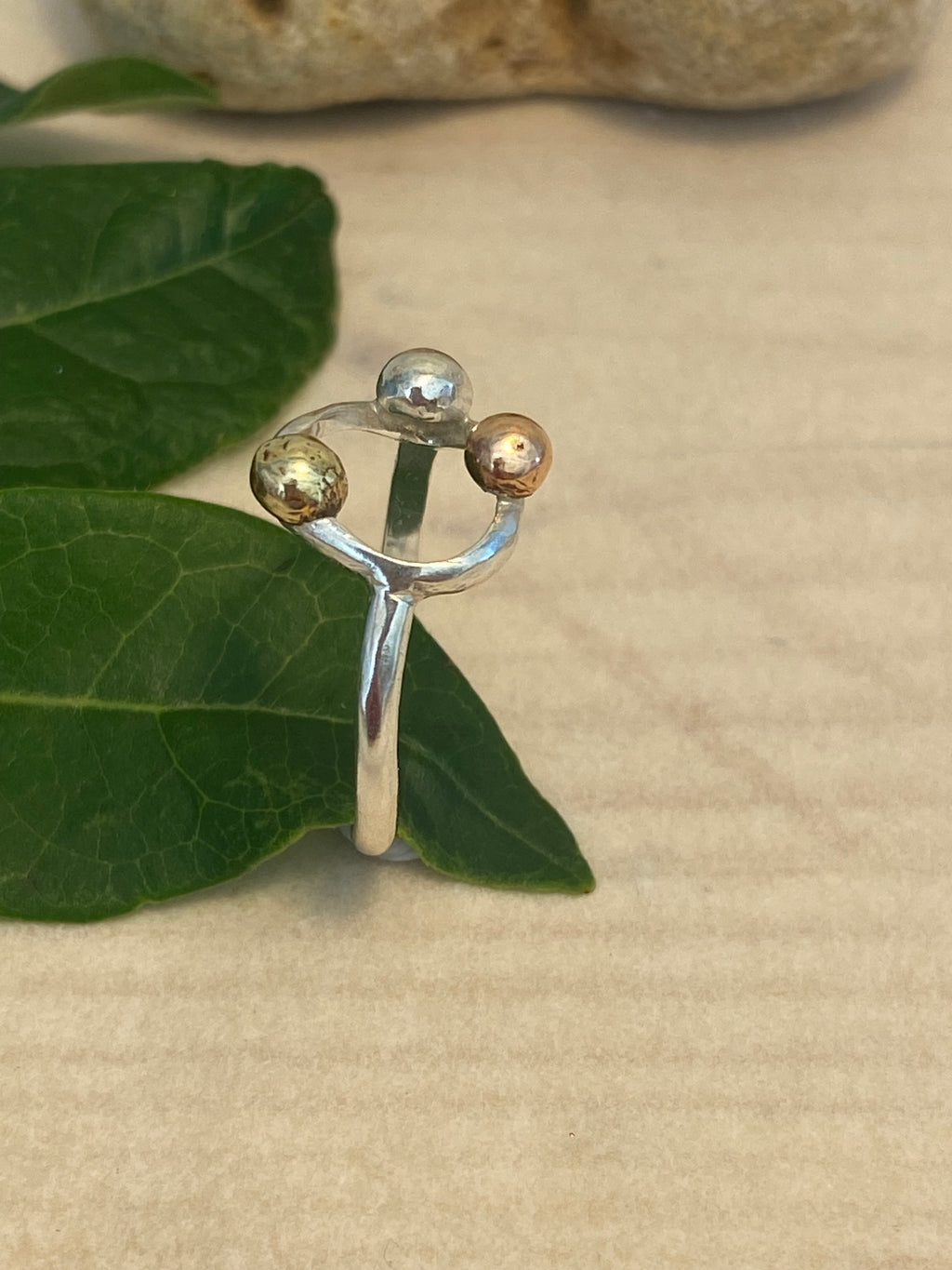 Three Metals Halo Pebble Ring — Silver, Copper & Brass