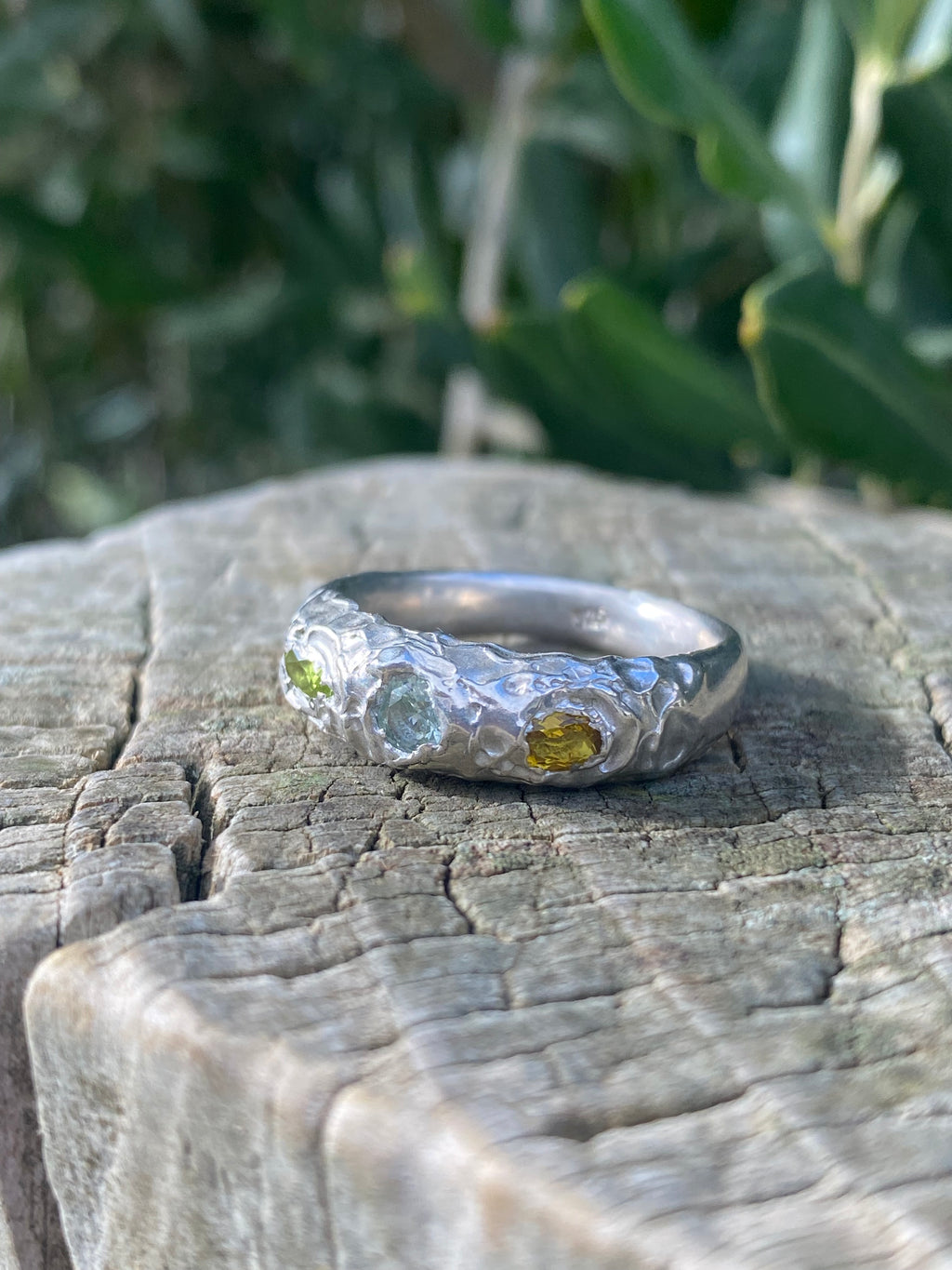 Peridot, Yellow sapphire and Green Amethyst Ring - Cast in Place Sterling Silver
