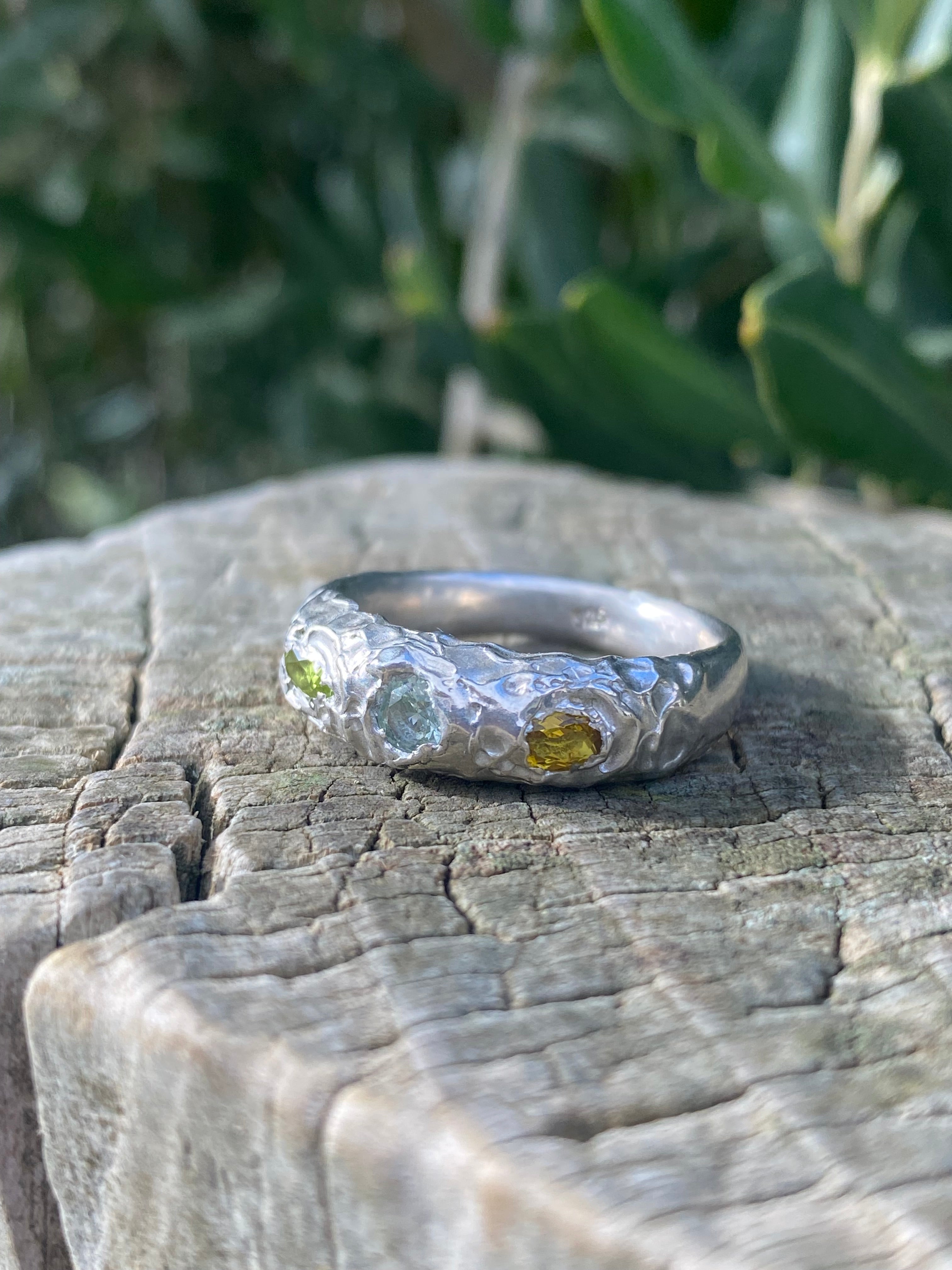 Peridot, Yellow sapphire and Green Amethyst Ring - Cast in Place Sterling Silver