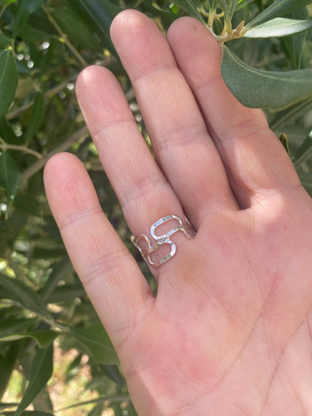 Double Row Hammered Silver Links Ring