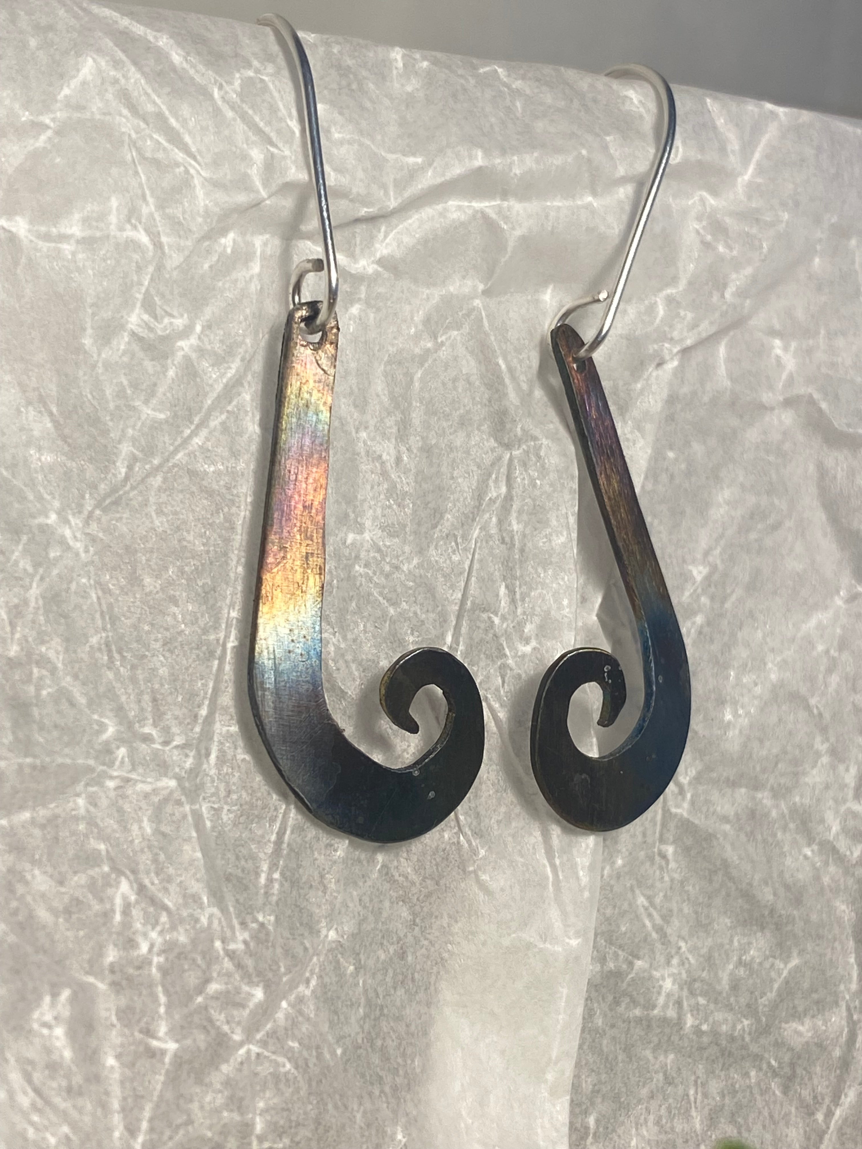 Flame-Painted Titanium Drop Earrings — Sterling Silver Hooks