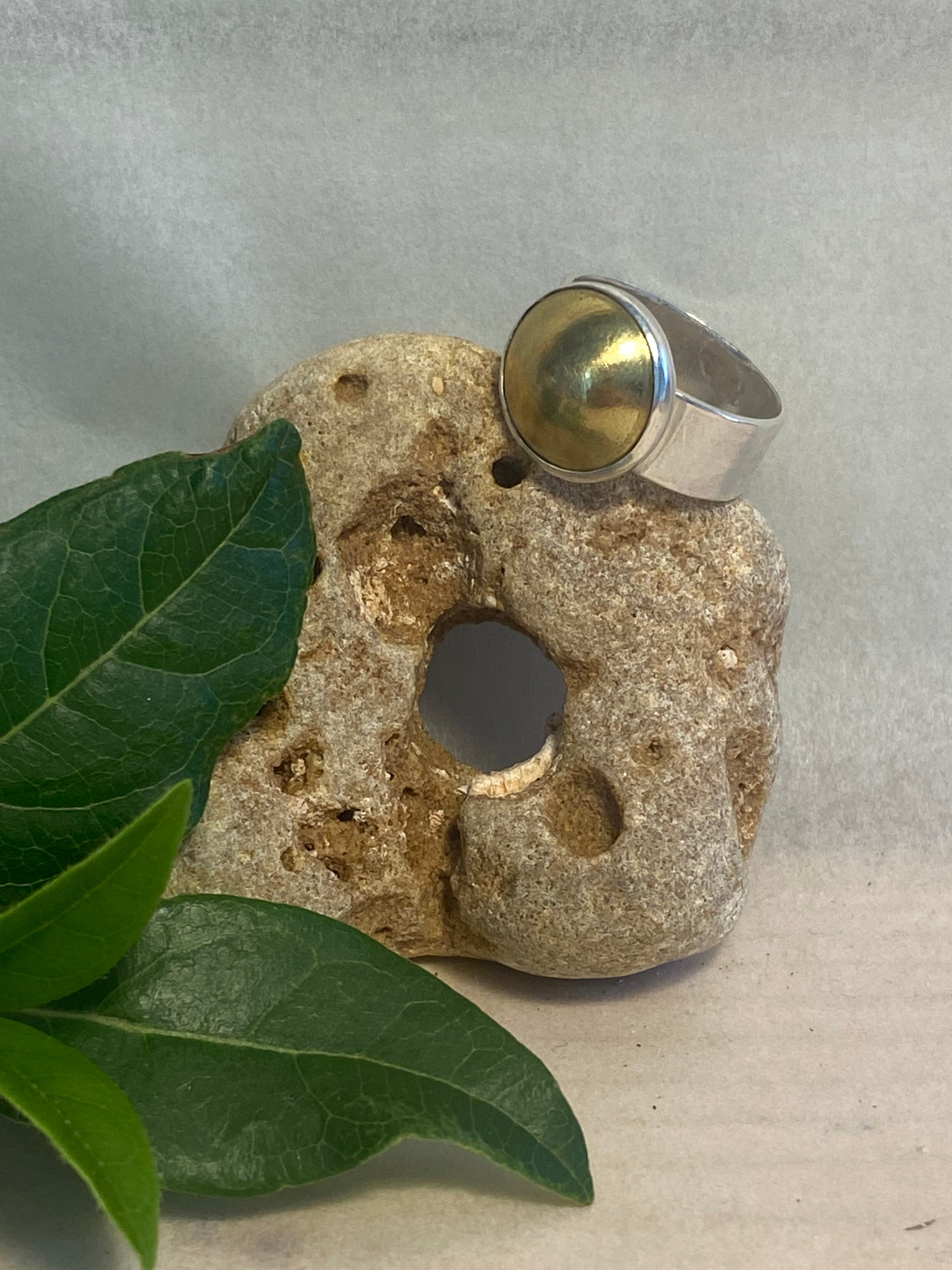Statement Brass Dome Wide Band Sterling Silver Ring