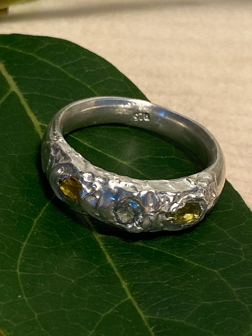 Peridot, Yellow sapphire and Green Amethyst Ring - Cast in Place Sterling Silver