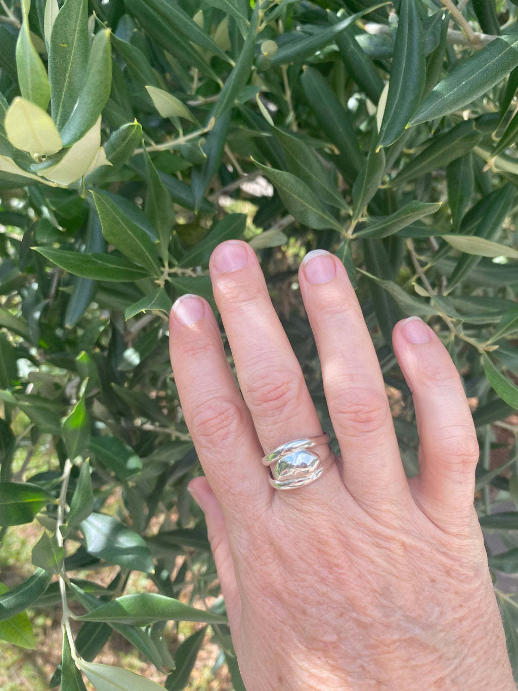 Double Band Silver Ring with Molten Pebble Detail