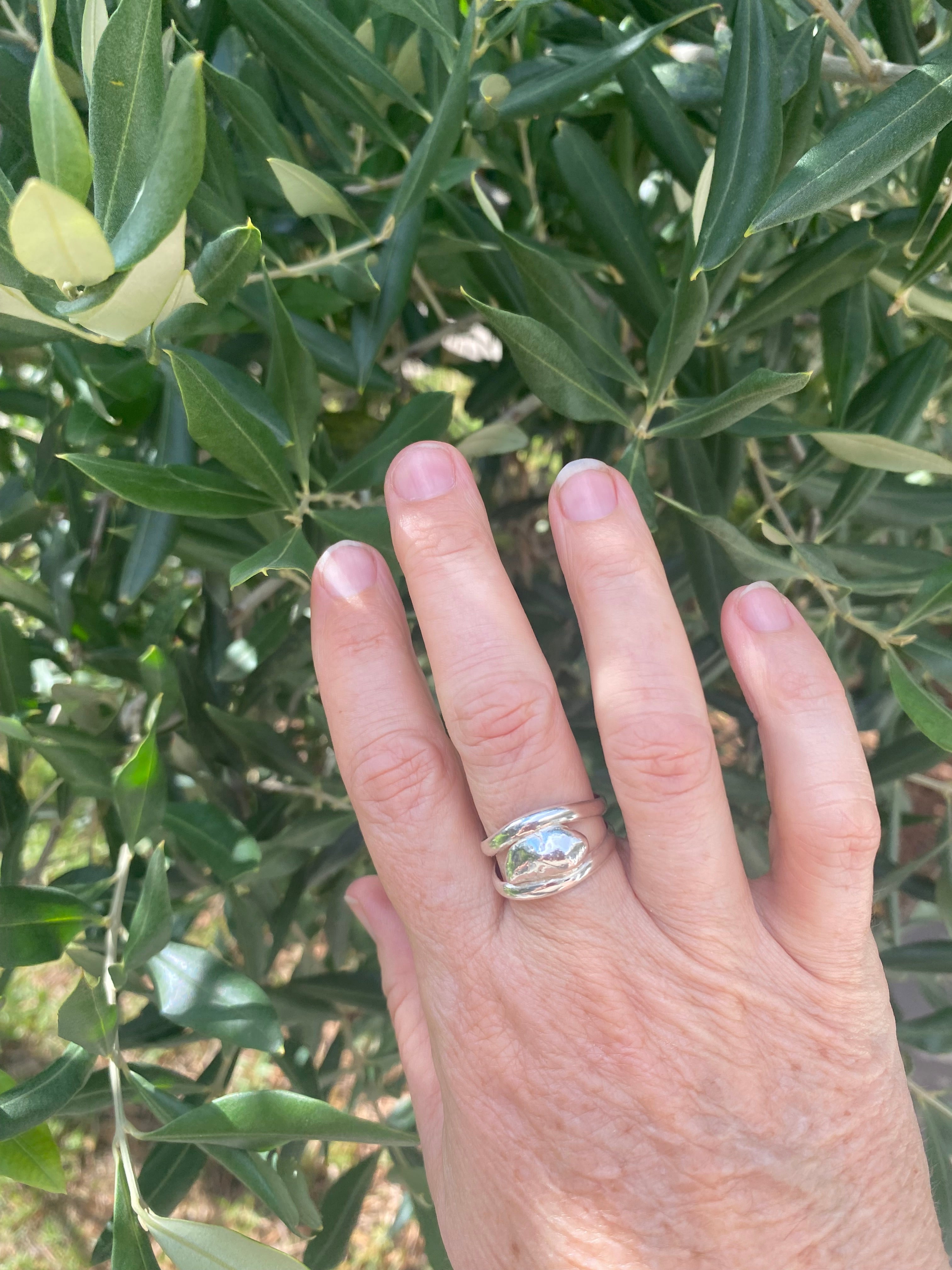 Double Band Silver Ring with Molten Pebble Detail