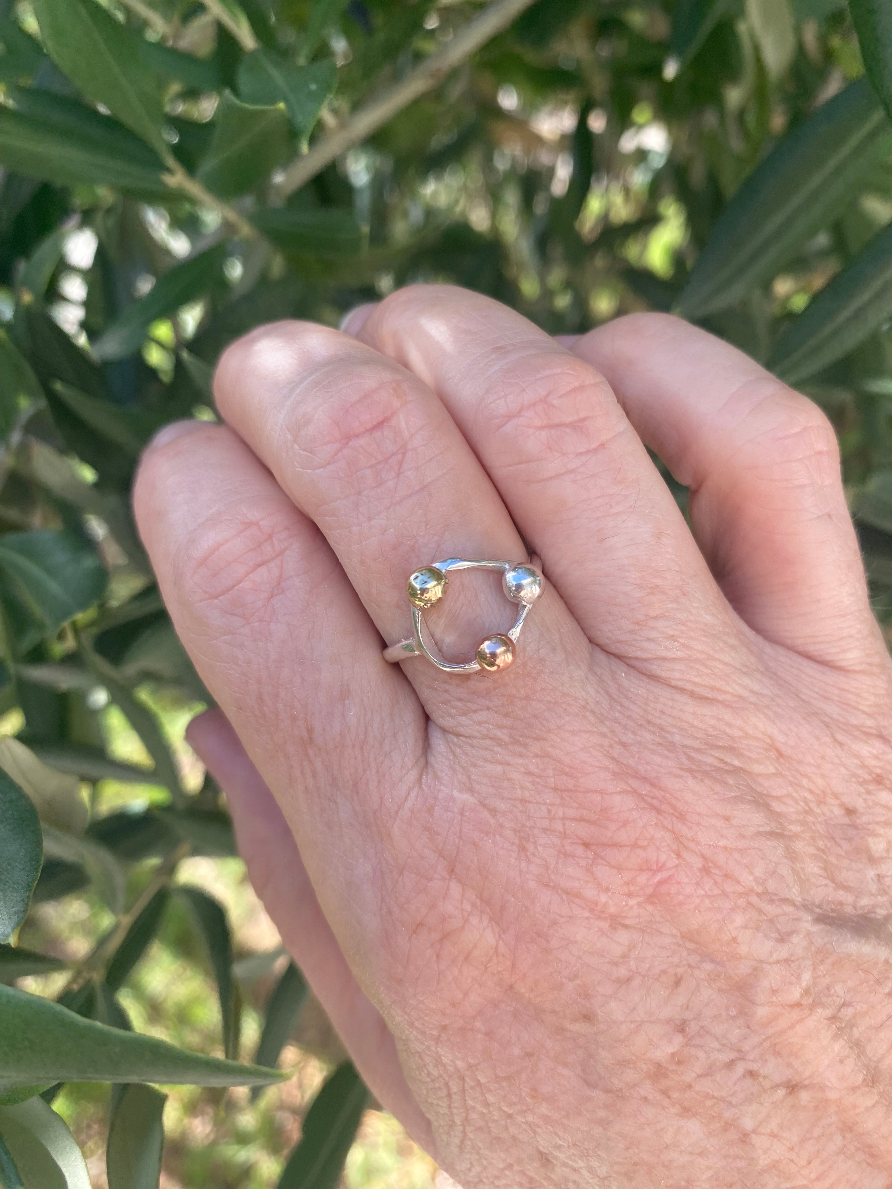 Three Metals Halo Pebble Ring — Silver, Copper & Brass
