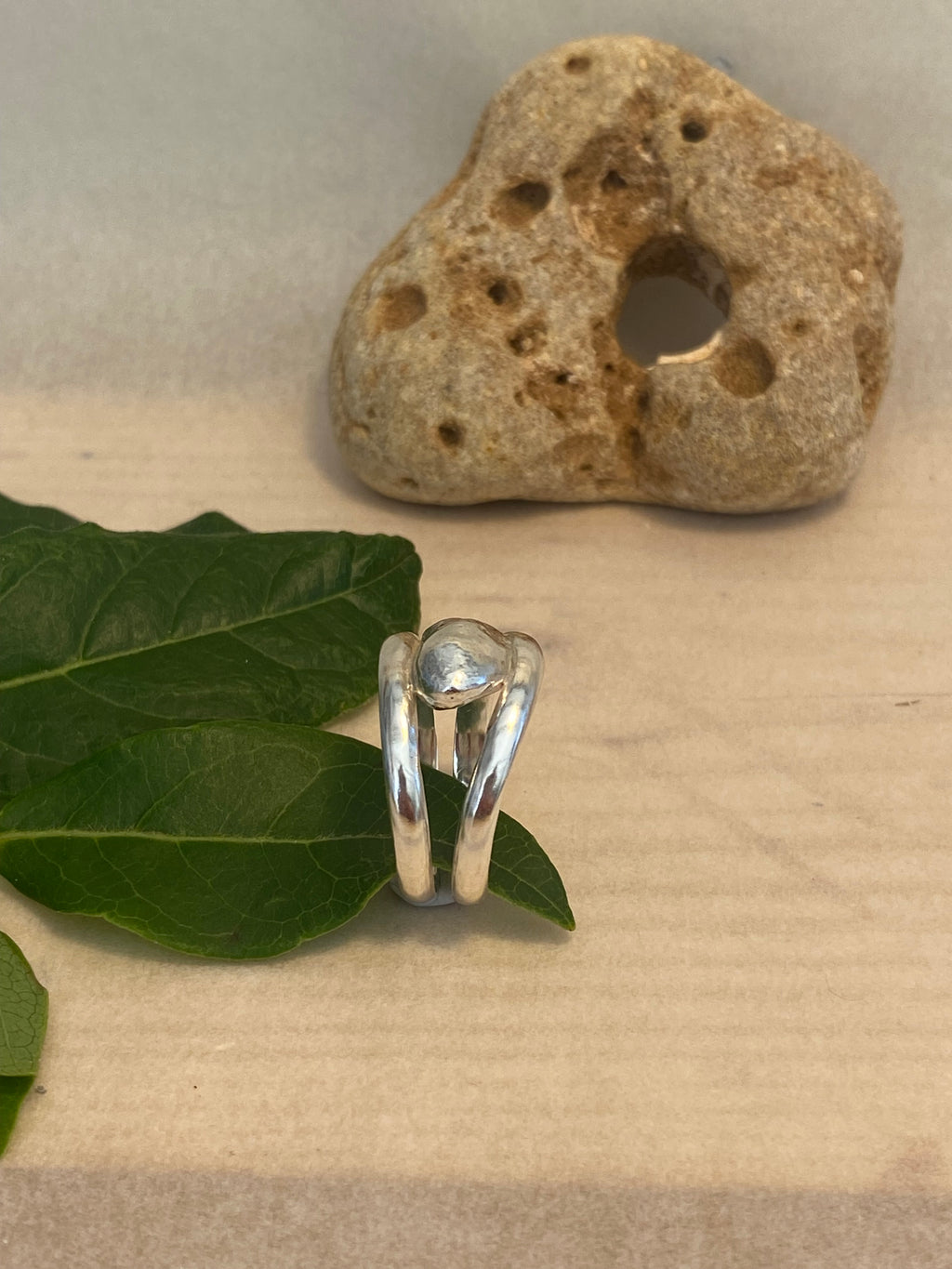 Double Band Silver Ring with Molten Pebble Detail