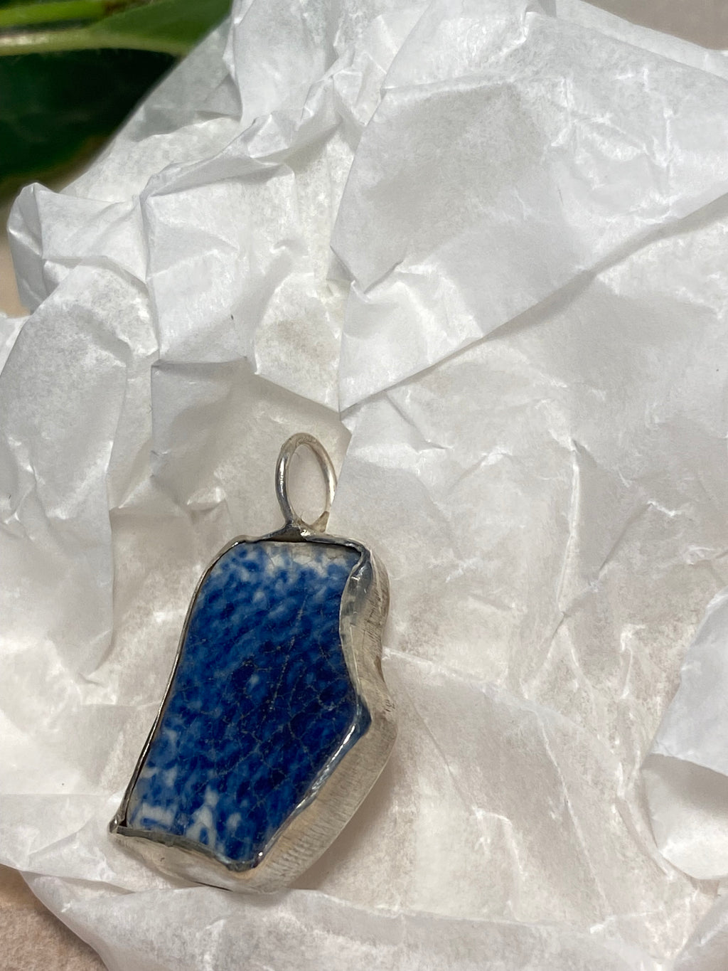 Blue and white sea pottery and sterling silver pendant