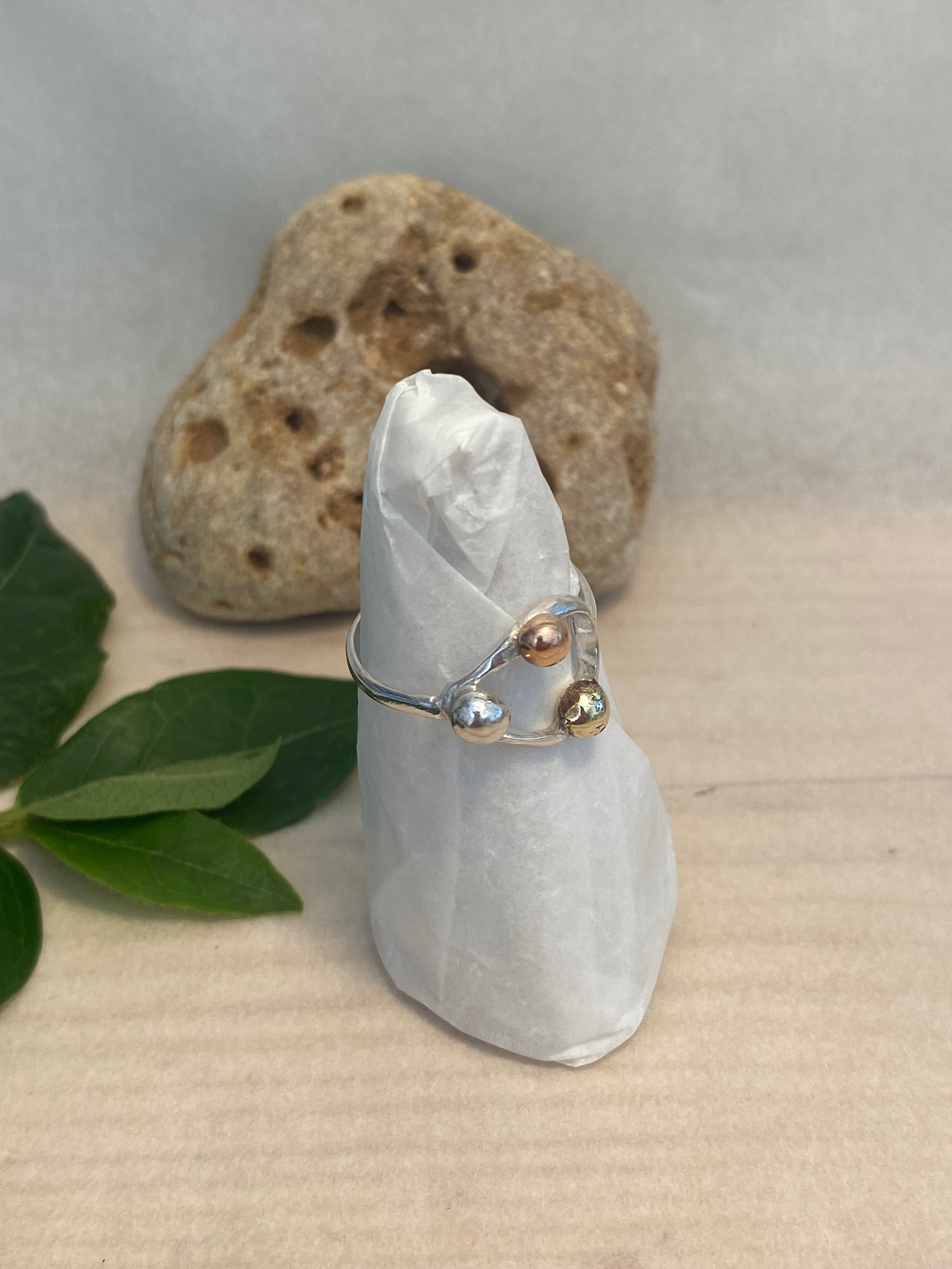Three Metals Halo Pebble Ring — Silver, Copper & Brass
