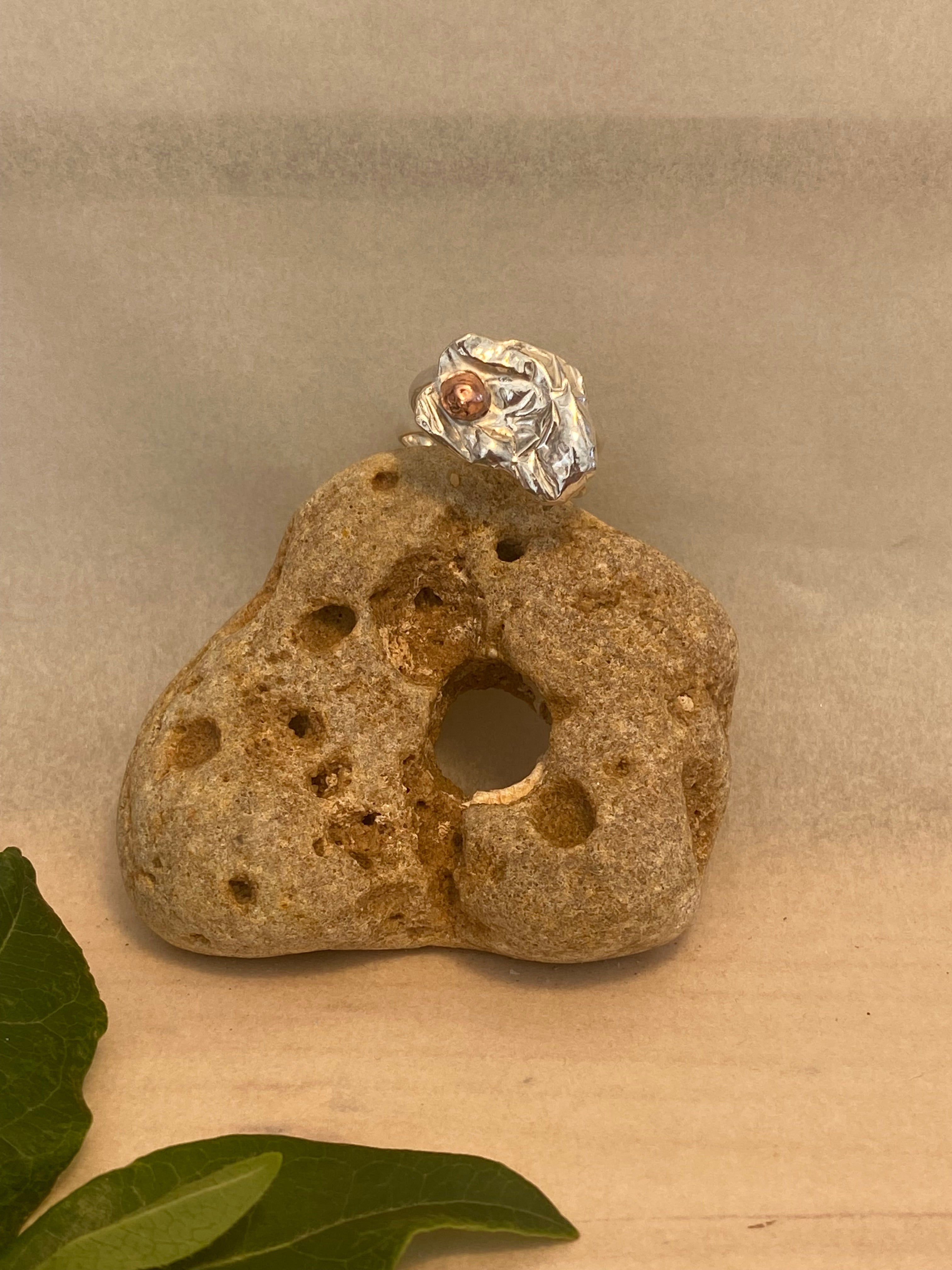Molten Silver & Copper Pebble Double Band Ring