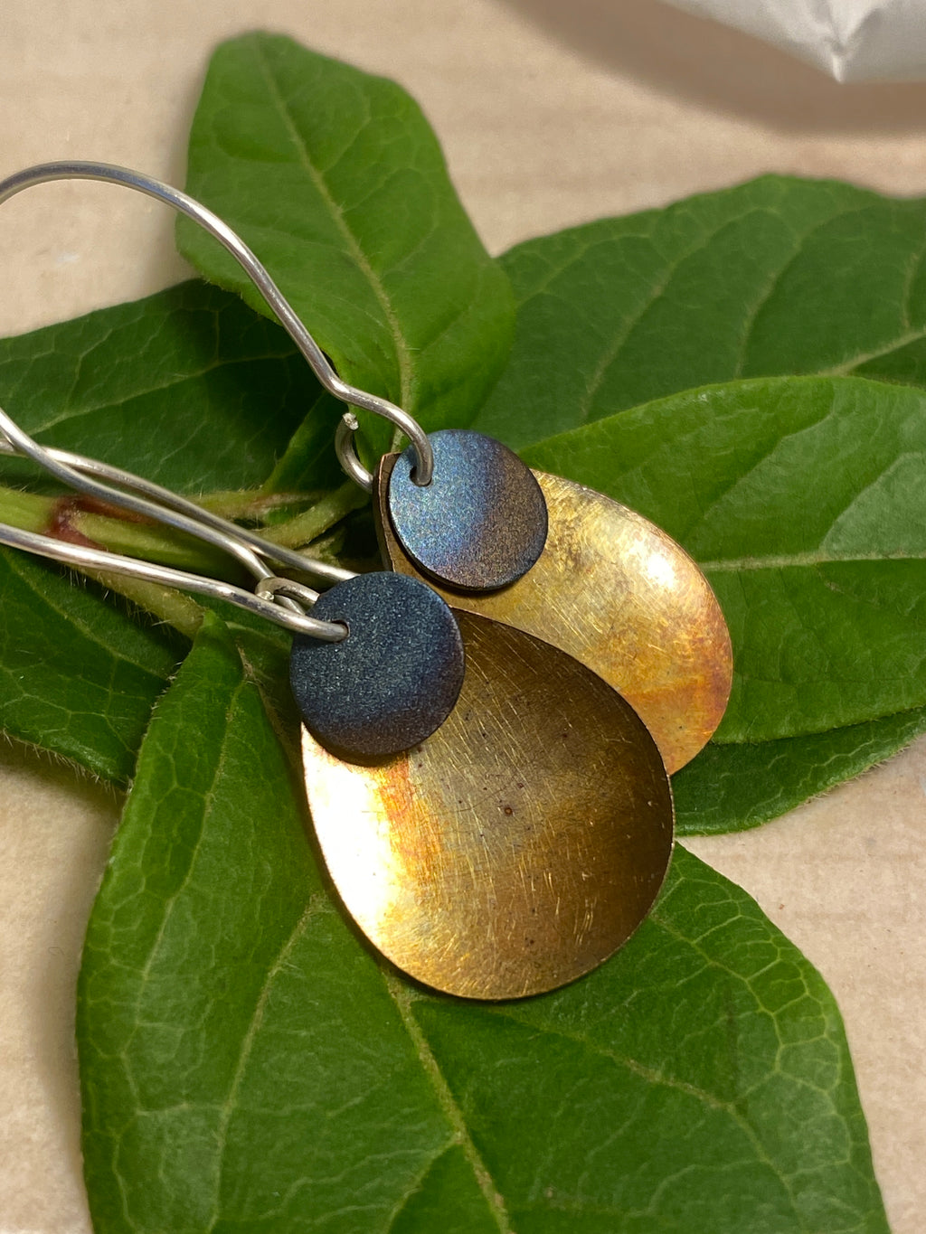 Flame painted copper and titanium earrings with silver wire