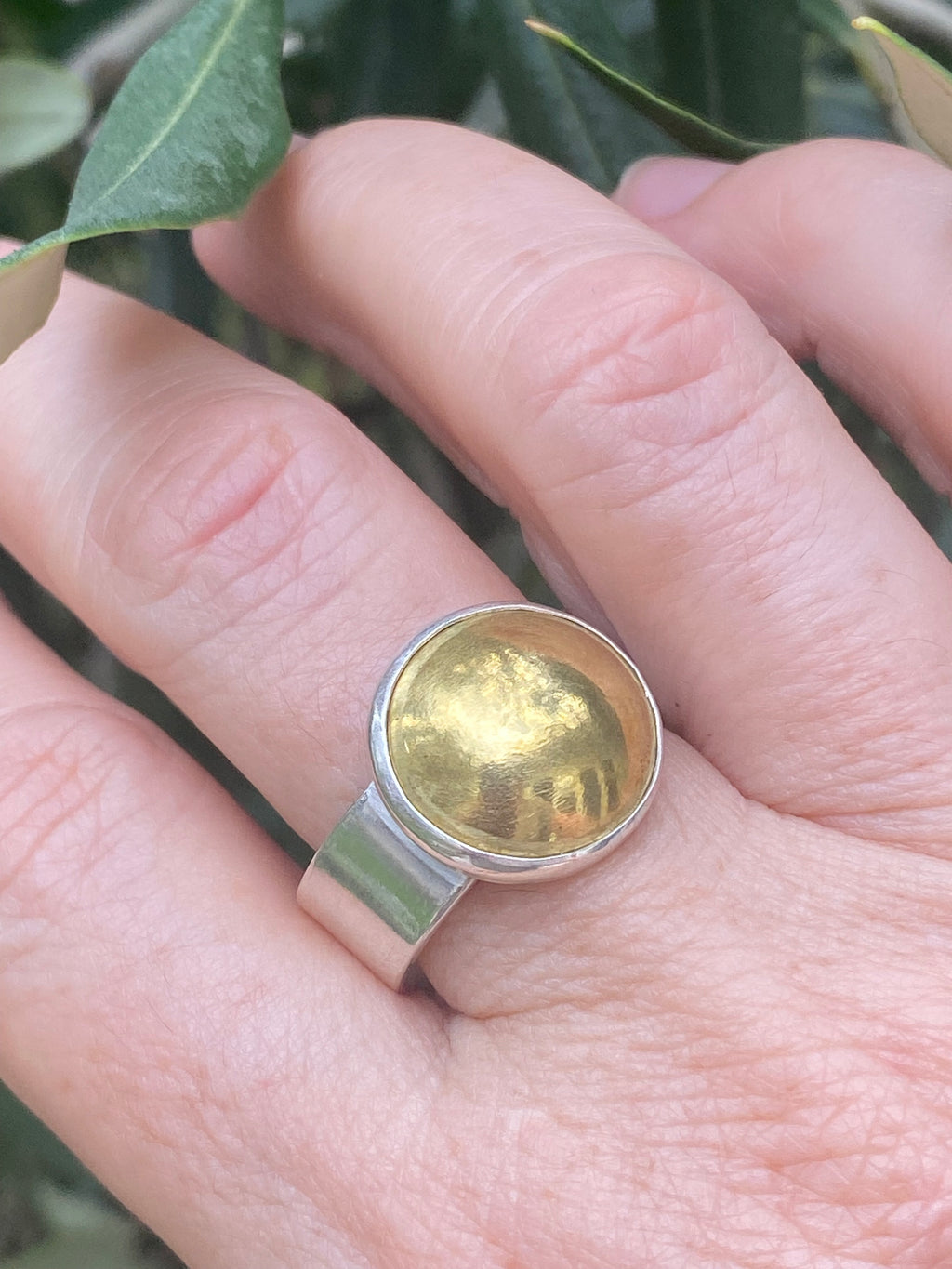 Statement Brass Dome Wide Band Sterling Silver Ring